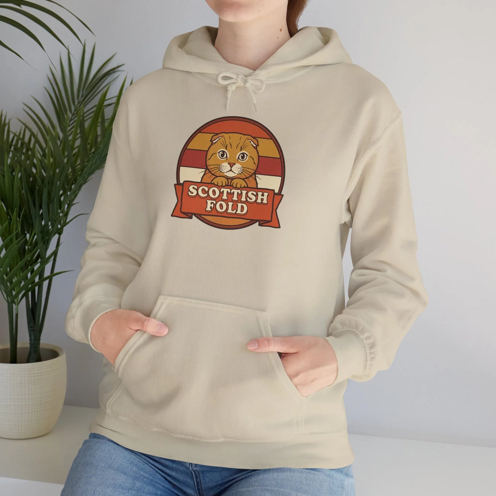 Scottish Fold Retro Sunset Hoodie - Heavy Blend Cotton-Poly Pullover - Unisex White