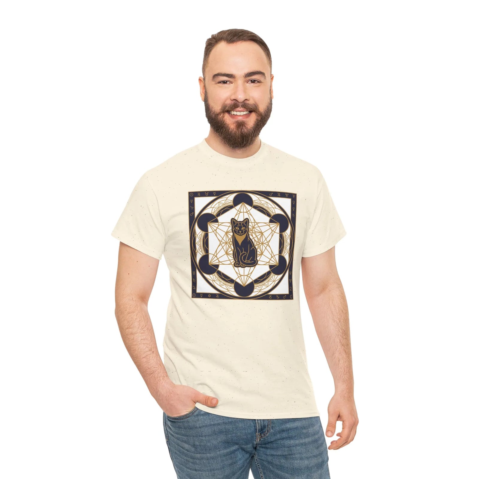 Metatron's Cat Sacred Geometry T-Shirt - Heavyweight Cotton Classic Fit Tee - Unisex White