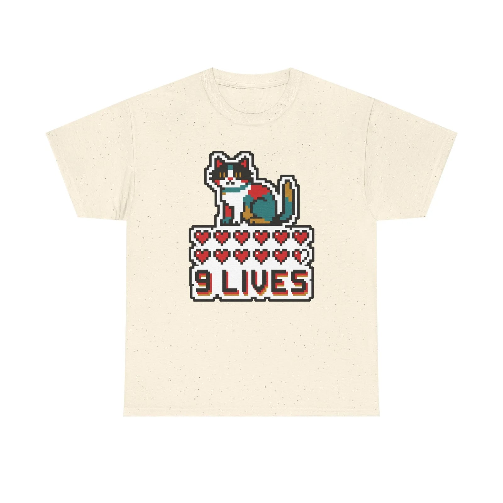 Nine Lives 8-Bit Pixel Gaming Cat T-Shirt - Heavy Cotton Classic Fit - Unisex White