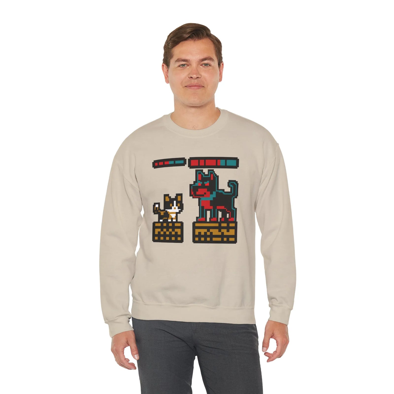 8-Bit Pixel Gaming Cats Boss Fight Sweatshirt - Heavyweight Cotton Blend Crewneck - Unisex Ash