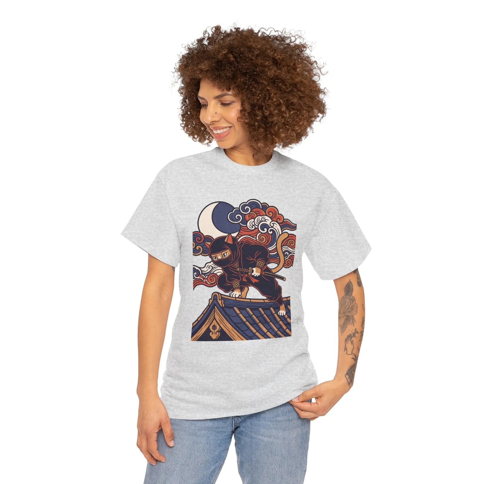 Ukiyo-e Samurai Cat Ninja T-Shirt - 100% Cotton Classic Fit Tee - Unisex White