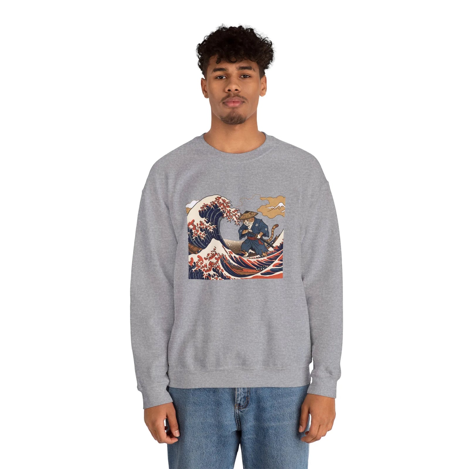 Ukiyo-e Samurai Cat Great Wave Sweatshirt - Heavy Blend Cotton Blend Crewneck - Unisex White