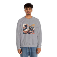 Ukiyo-e Samurai Cat Great Wave Sweatshirt - Heavy Blend Cotton Blend Crewneck - Unisex White