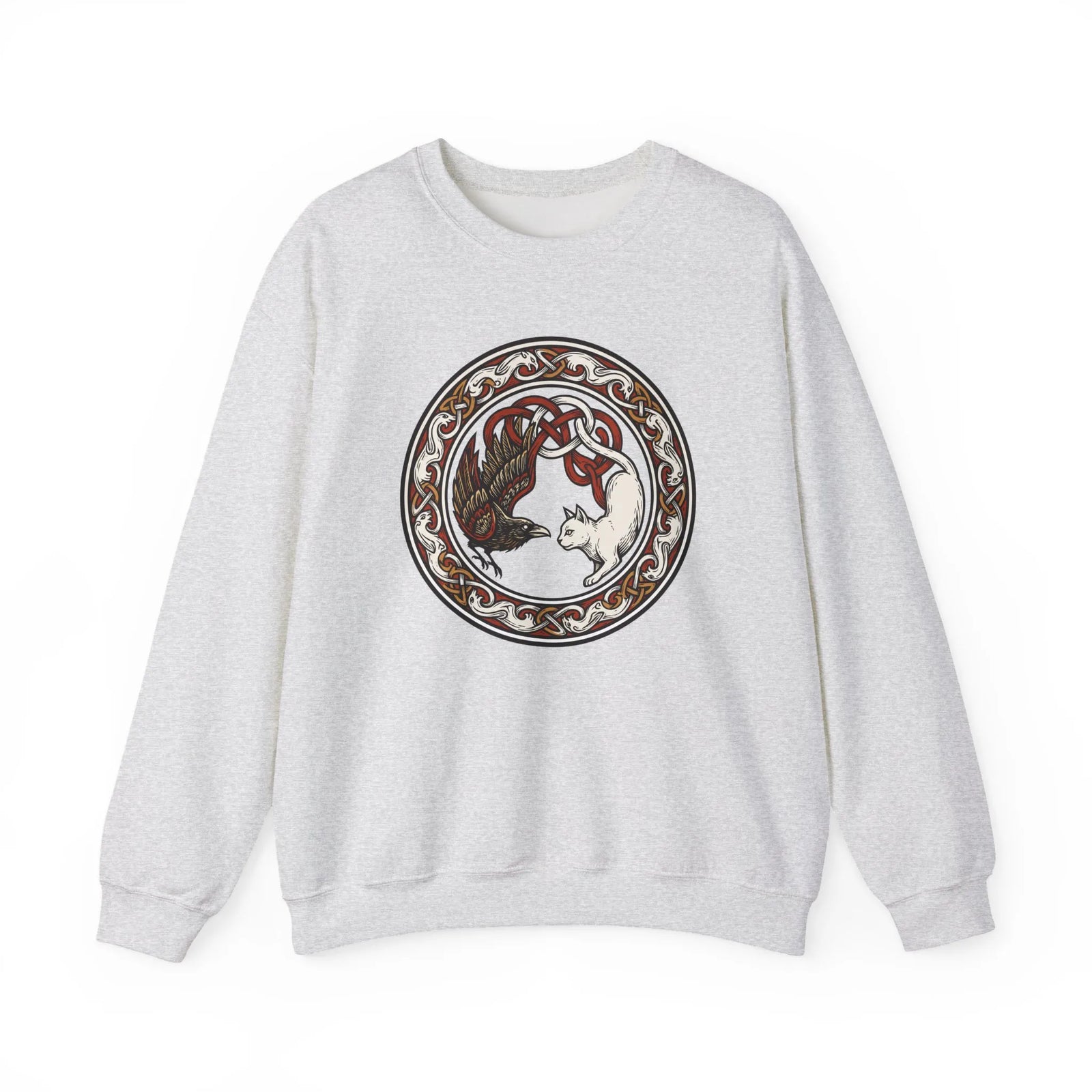 Norse Woodcut Cat & Raven Sweatshirt - Classic Fit Heavy Blend Crewneck - Unisex White