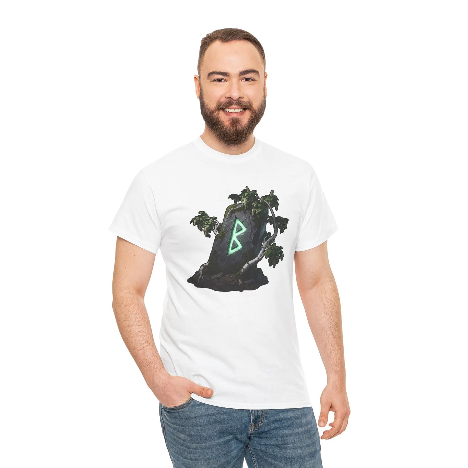 Berkana Rune Birch Tree Graphic T-Shirt - Heavy Cotton Classic Fit Tee - Unisex White