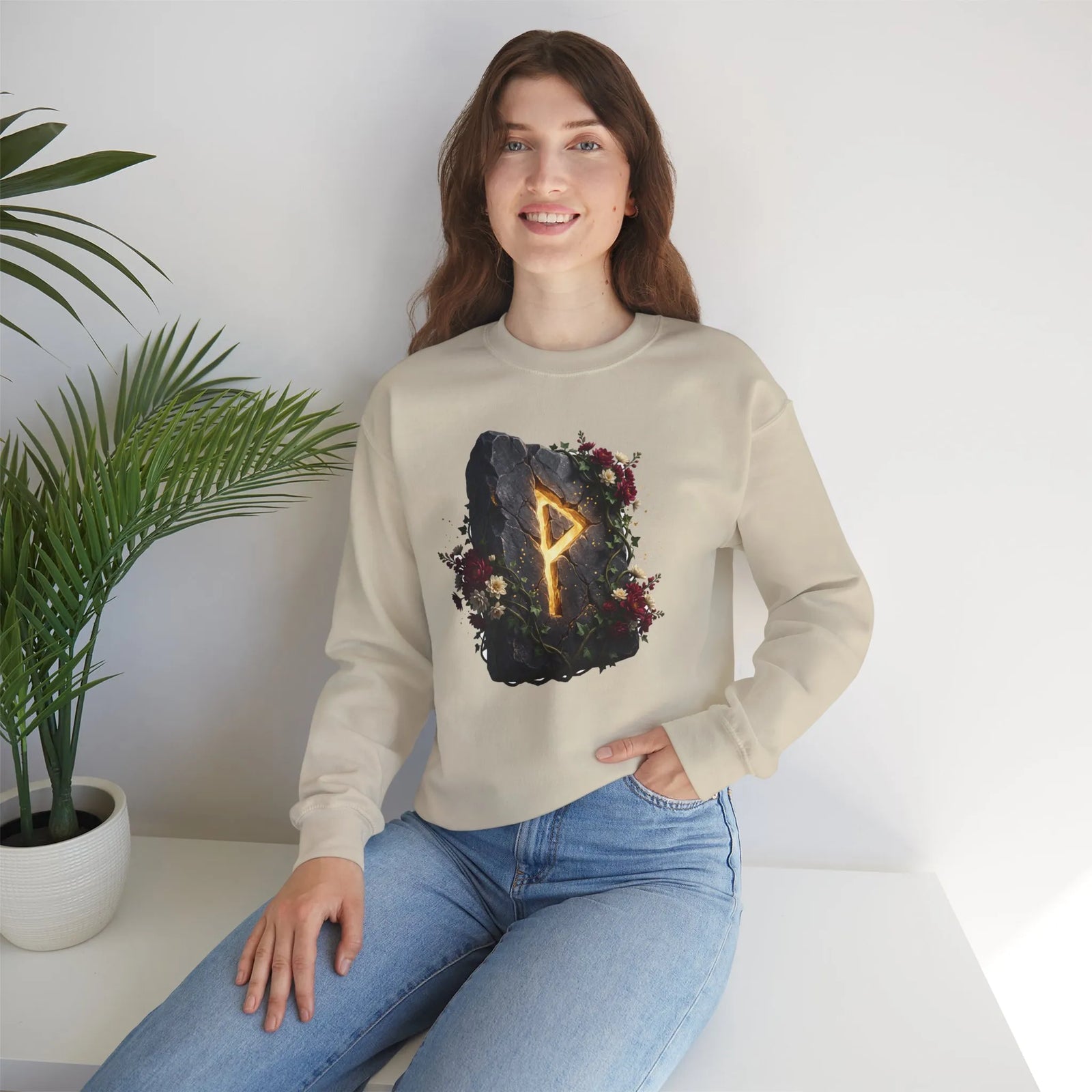 Wunjo Rune Blossom Sweatshirt - Heavy Blend Crewneck Fleece - Unisex Ash