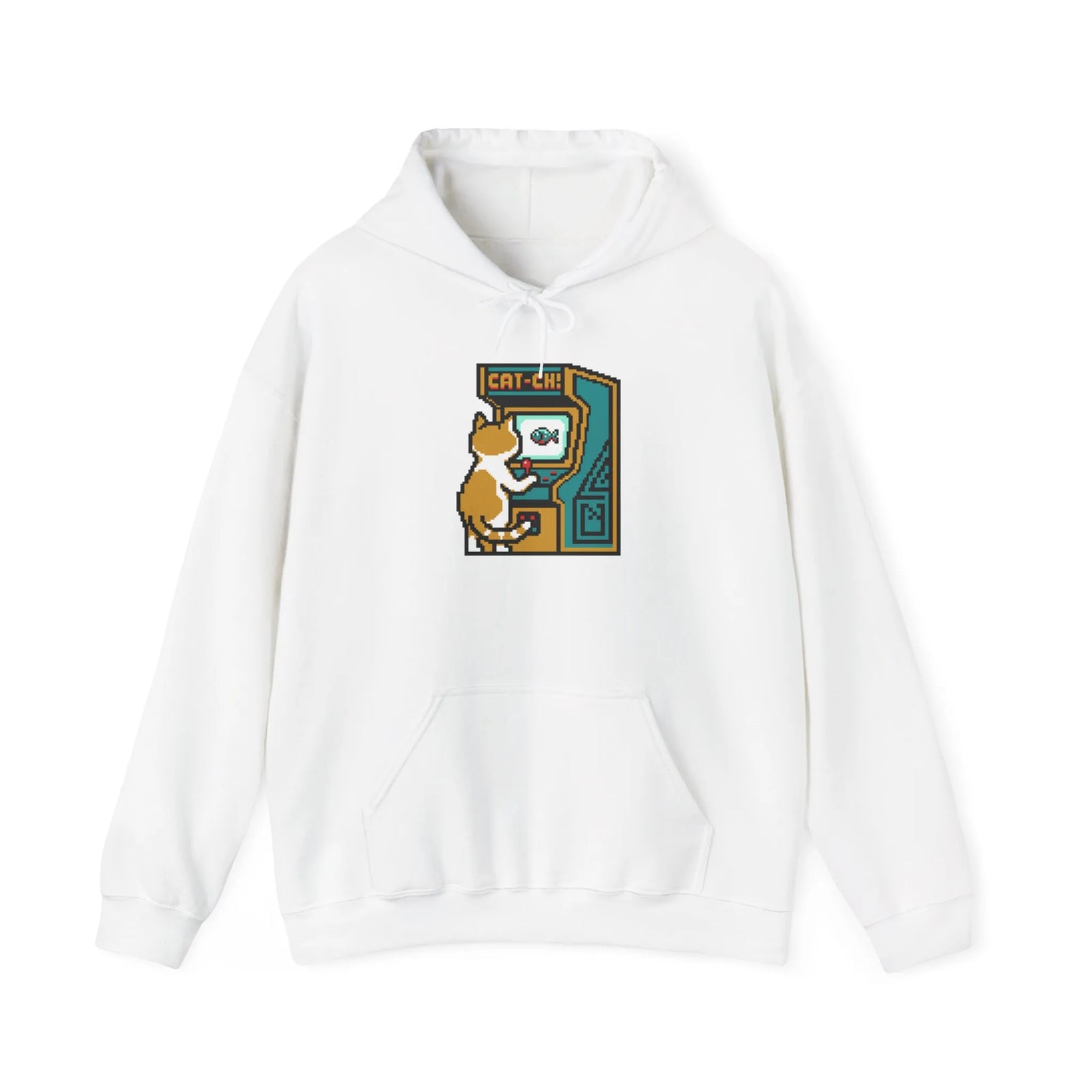 Arcade Gaming Pixel Cat Hoodie - Classic Fit Cotton Blend Pullover - Unisex White