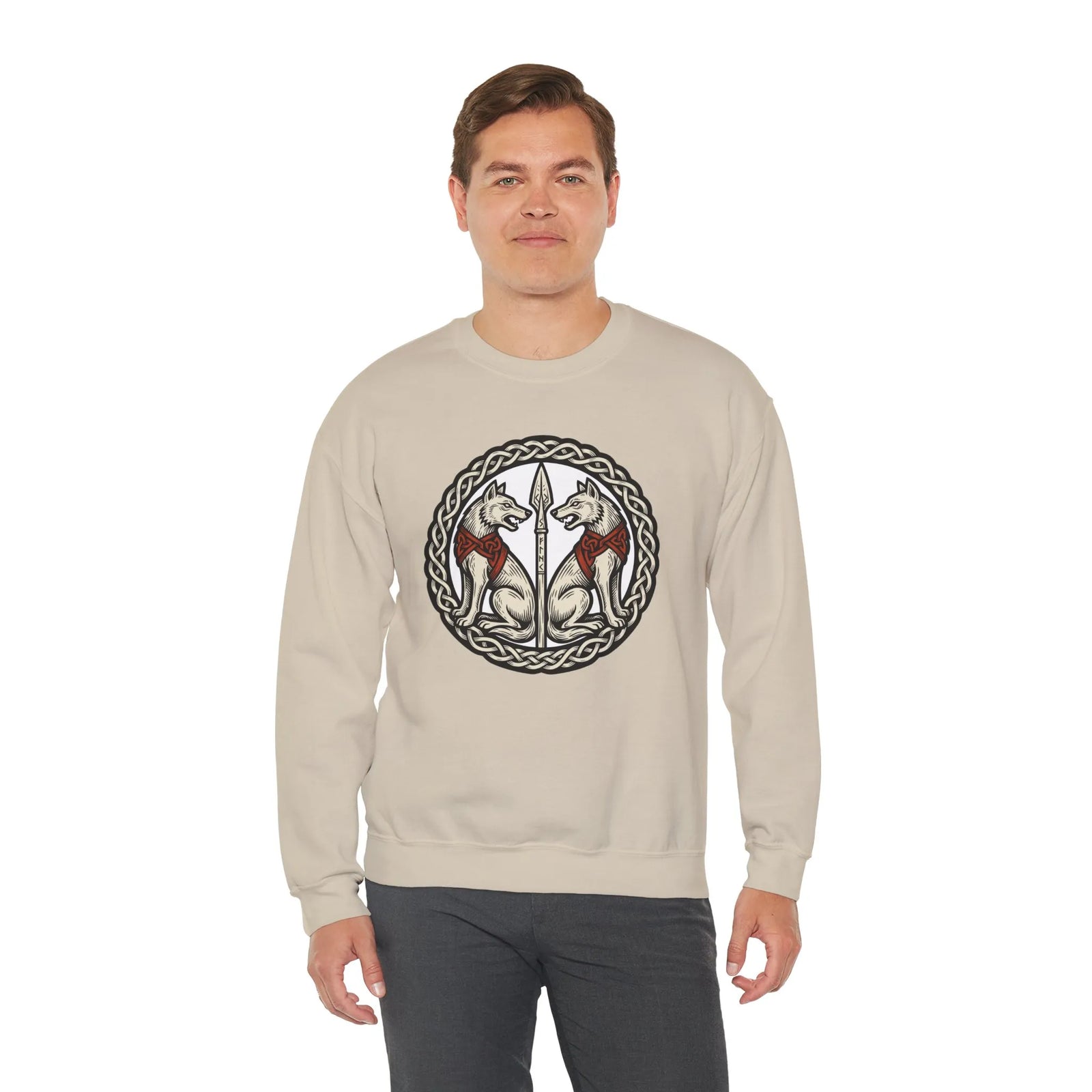 Odin's Wolves Geri & Freki Woodcut Sweatshirt - Heavy Blend Cotton Poly Crewneck - Unisex White