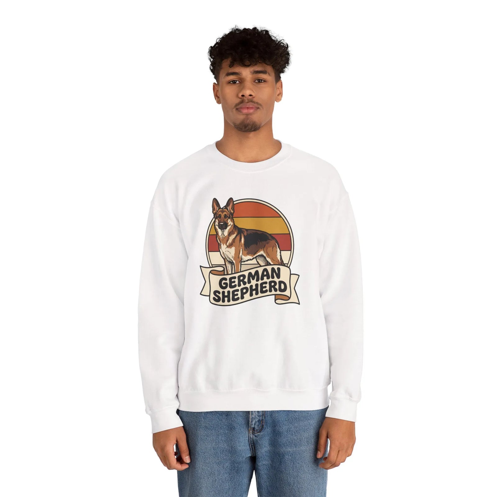 German Shepherd Retro 70s Sunset Sweatshirt - Heavy Blend Cotton Blend Crewneck - Unisex White