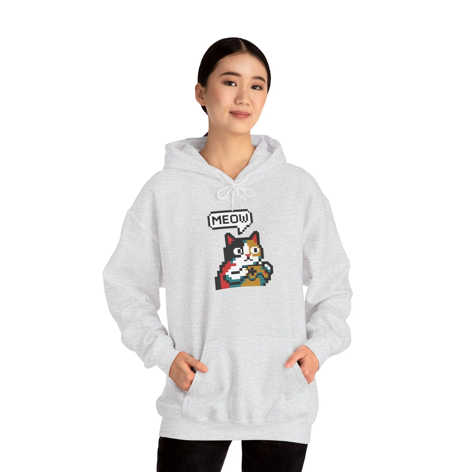 Player One 8-Bit Pixel Gaming Cats Hoodie - Soft Cotton Blend Fleece Pullover - Unisex White