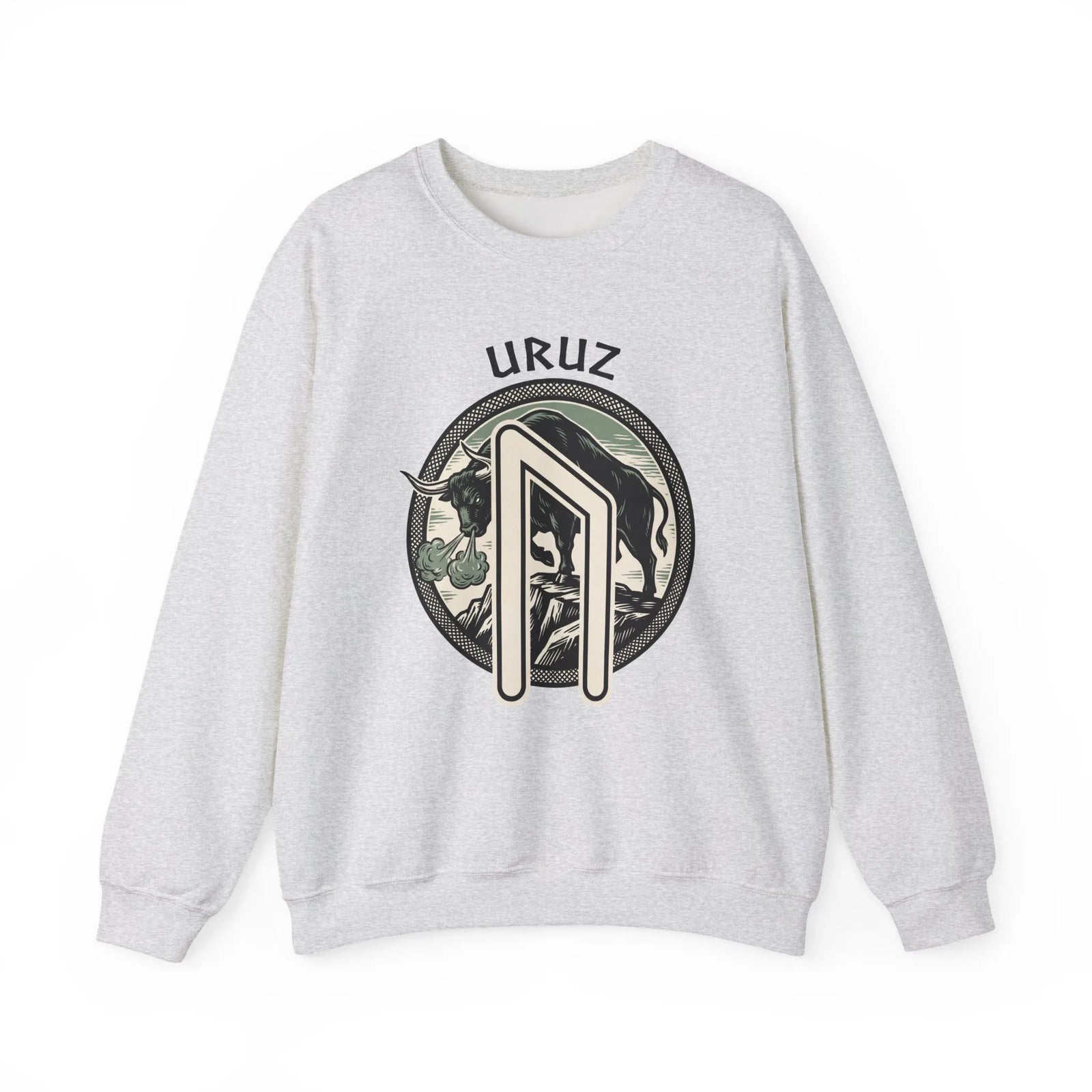 Uruz Rune Bull Norse Mythology Sweatshirt - Heavy Blend Cotton Poly Crewneck - Unisex White