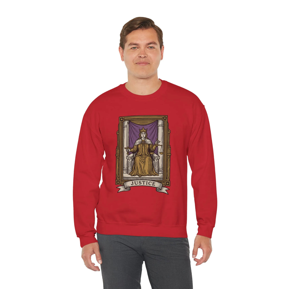 Justice Tarot Card Sweatshirt - Heavy Blend Cotton Poly Crewneck - Unisex White