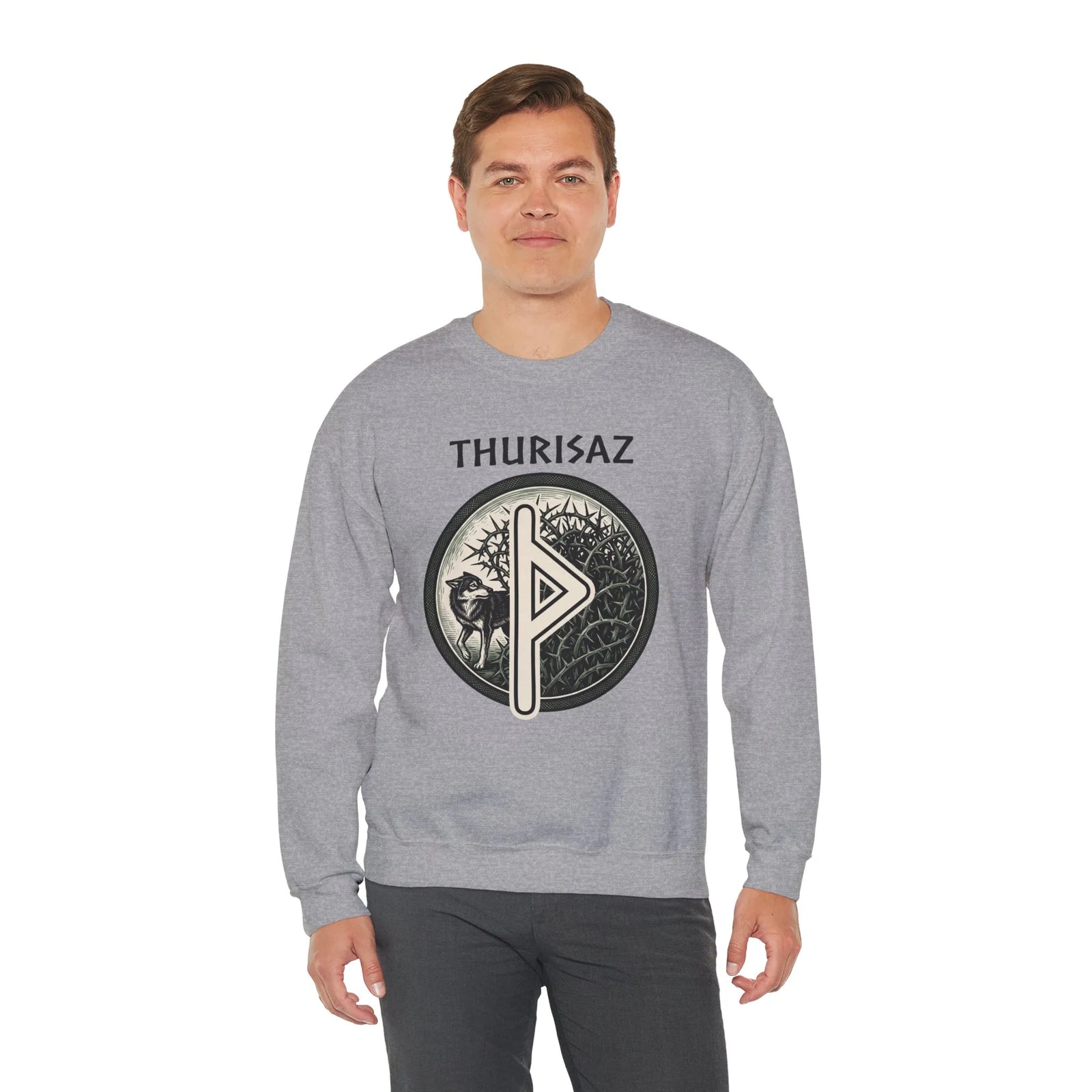 Norse Thurisaz Rune Wolf Sweatshirt - Heavy Blend Fleece Crewneck - Unisex Off White