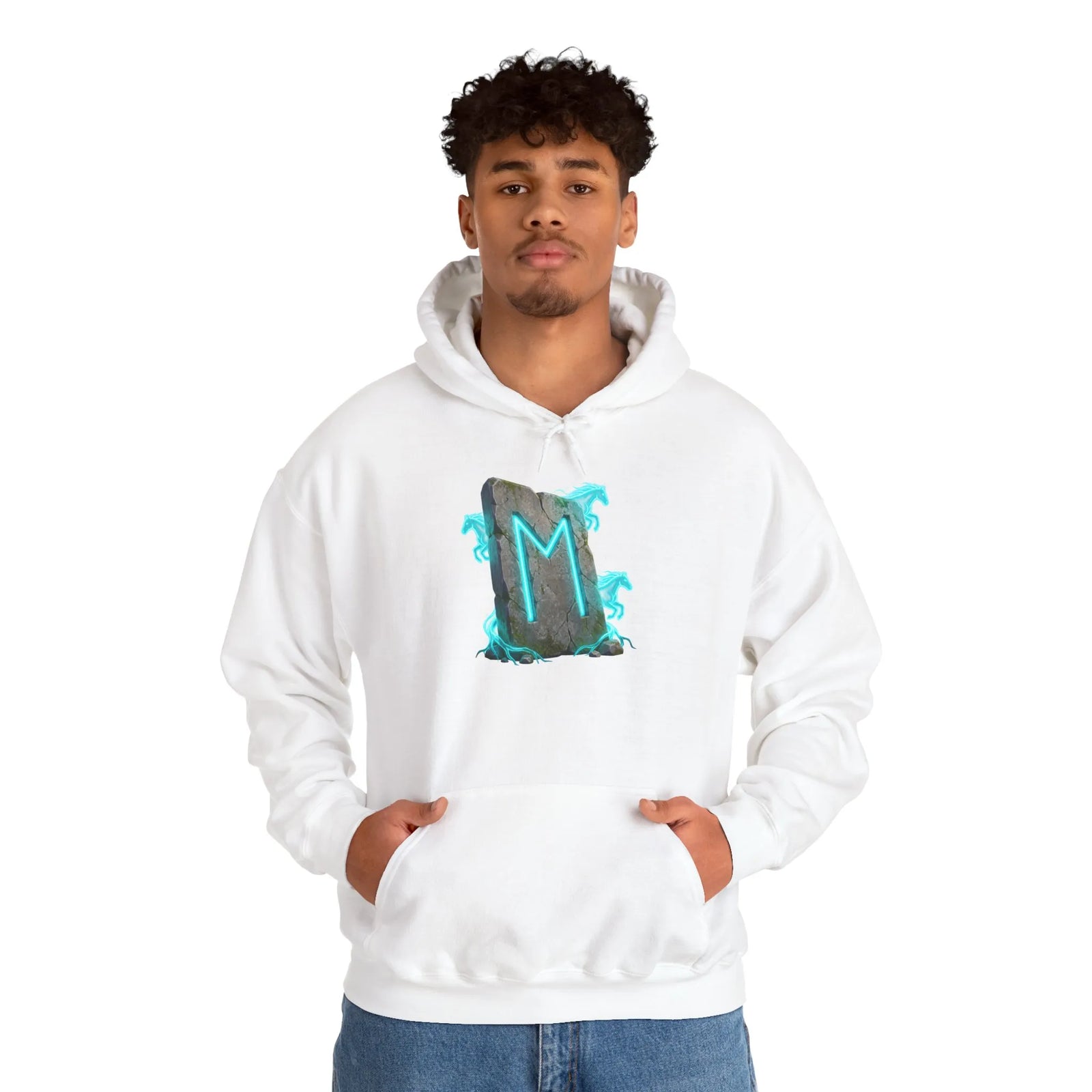 Norse Ehwaz Rune Spirit Horses Hoodie - Heavy Blend Fleece Pullover - Unisex White