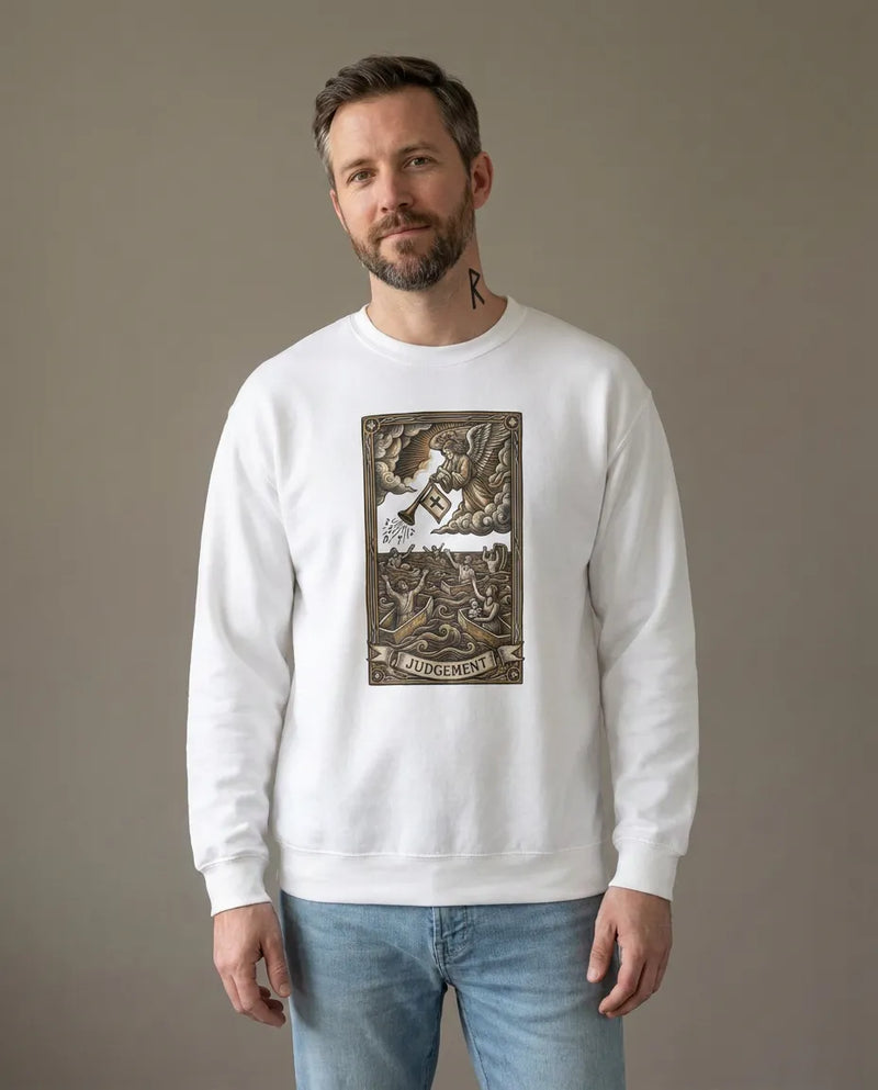 Judgement Tarot Card Graphic Sweatshirt - Heavy Blend Classic Fit Crewneck - Unisex White
