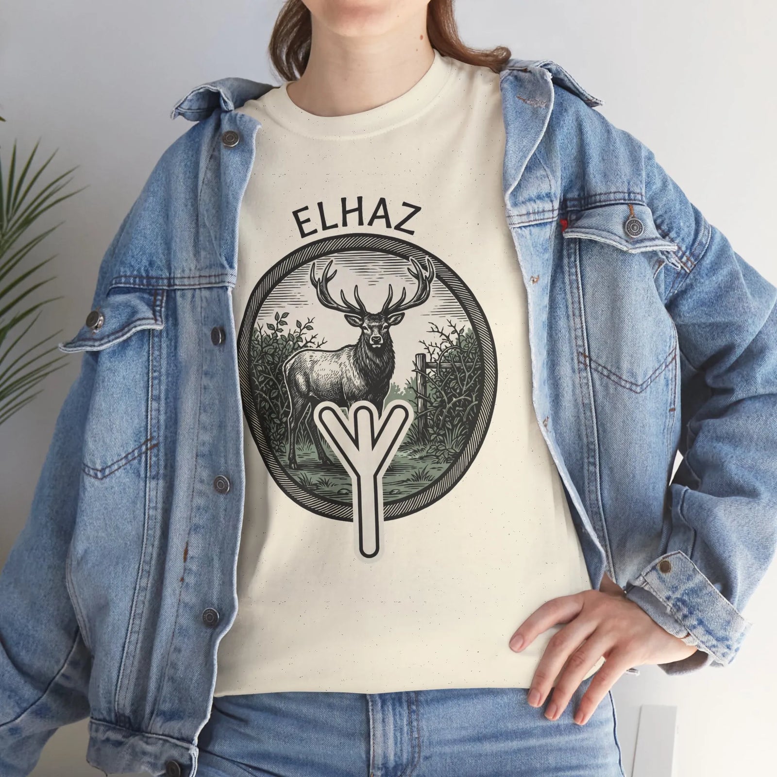 Elhaz Protection Rune Elk Graphic T-Shirt - Heavy Cotton Classic Fit Tee - Unisex White