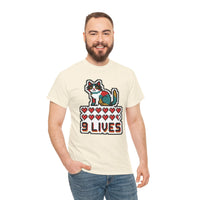 Nine Lives 8-Bit Pixel Gaming Cat T-Shirt - Heavy Cotton Classic Fit - Unisex White