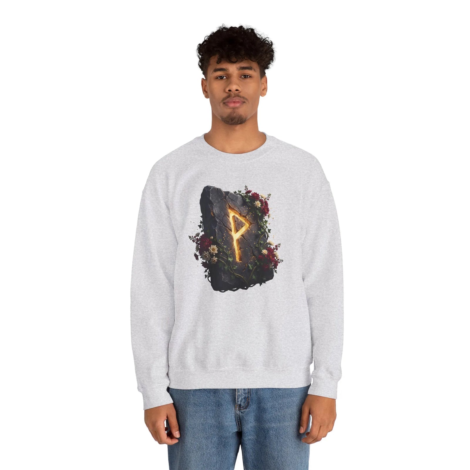 Wunjo Rune Blossom Sweatshirt - Heavy Blend Crewneck Fleece - Unisex Ash