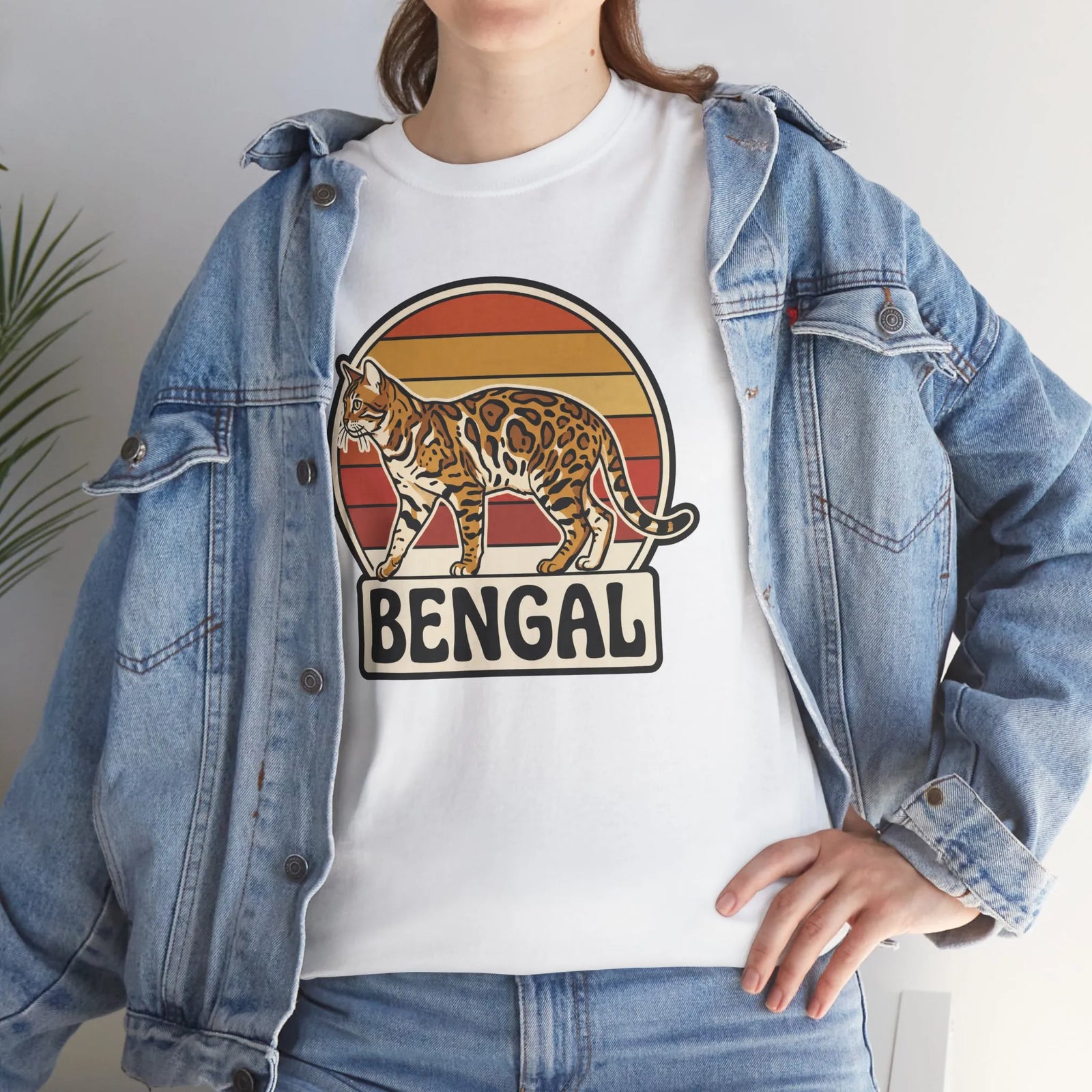 Bengal Cat Retro Sunset T-Shirt - Heavy Cotton Classic Fit Tee - Unisex White