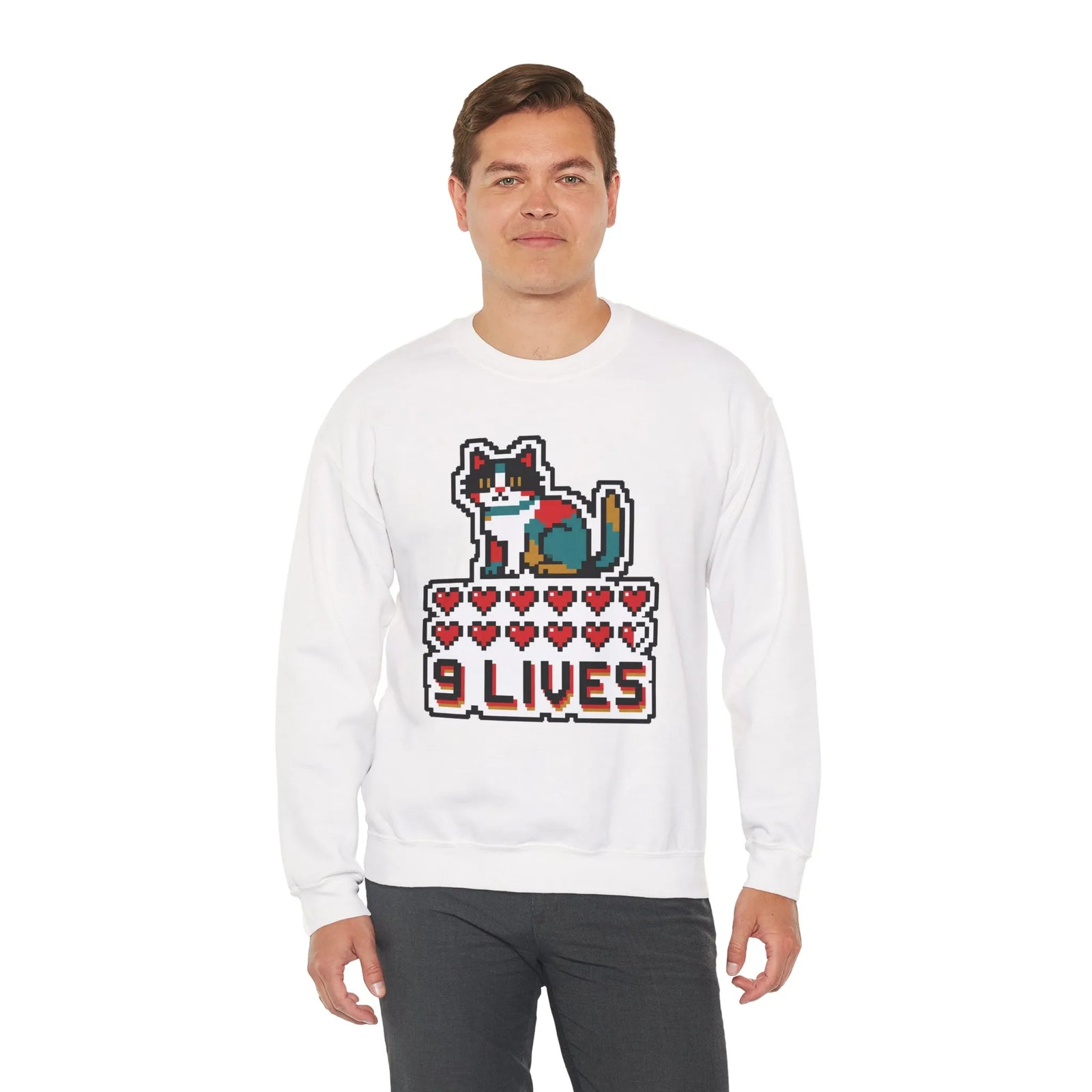 Nine Lives 8-Bit Pixel Gaming Cat Sweatshirt - Heavy Blend Fleece Crewneck - Unisex White