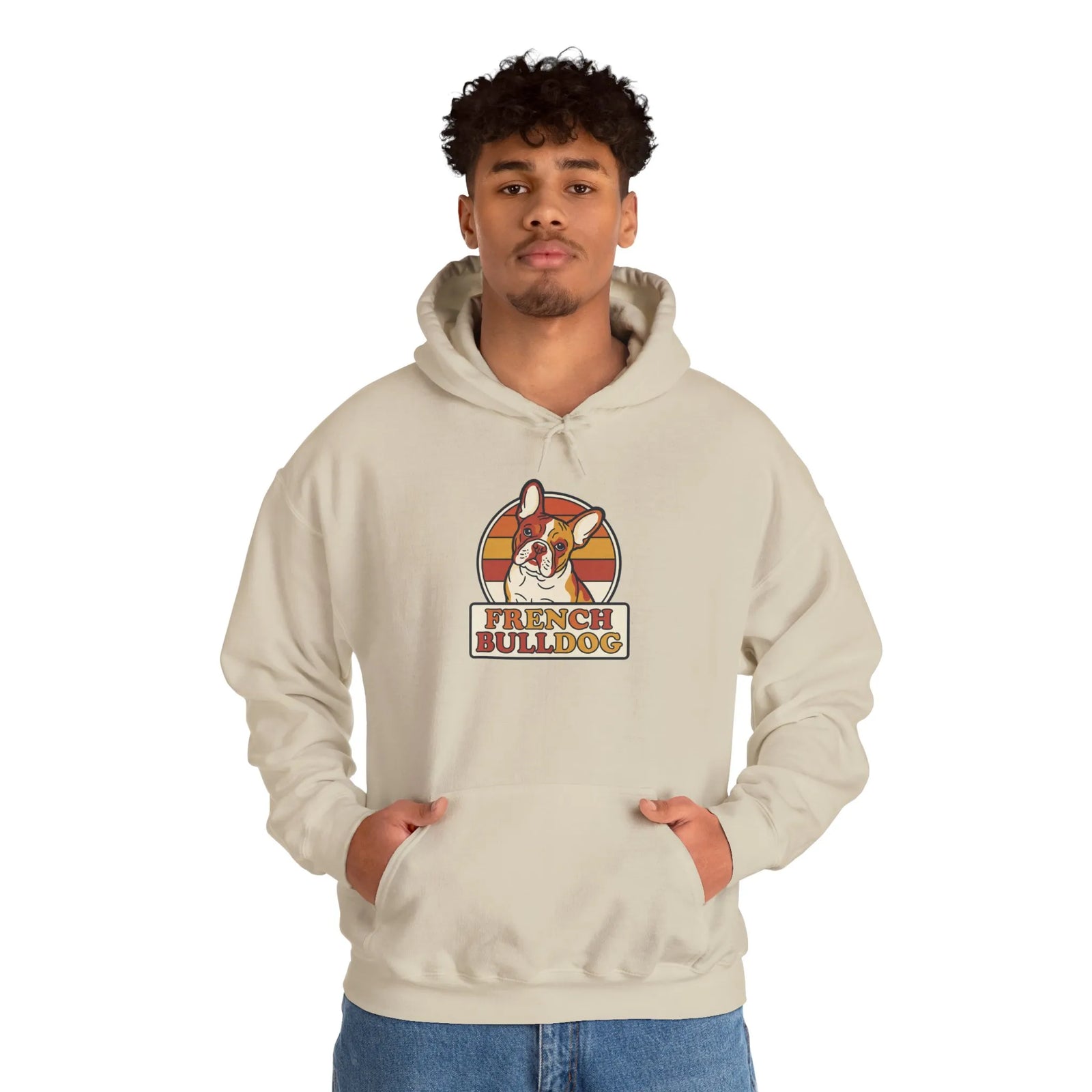 French Bulldog Retro 70s Sunset Hoodie - Medium-Heavy Cotton Poly Blend - Unisex White