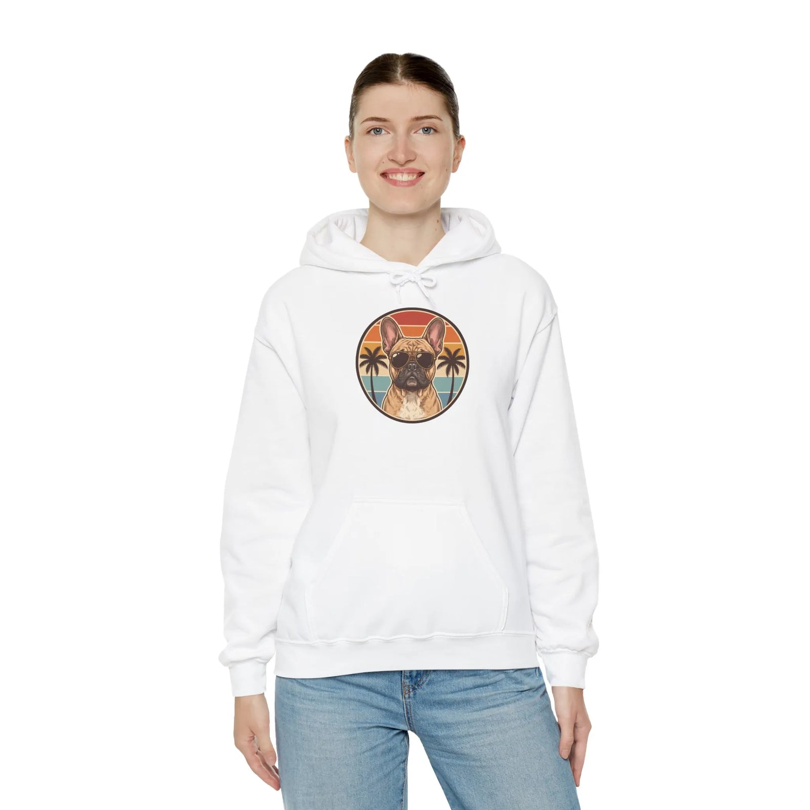 French Bulldog Sunset Aviator Hoodie - Soft Cotton Blend Fleece Pullover - Unisex White
