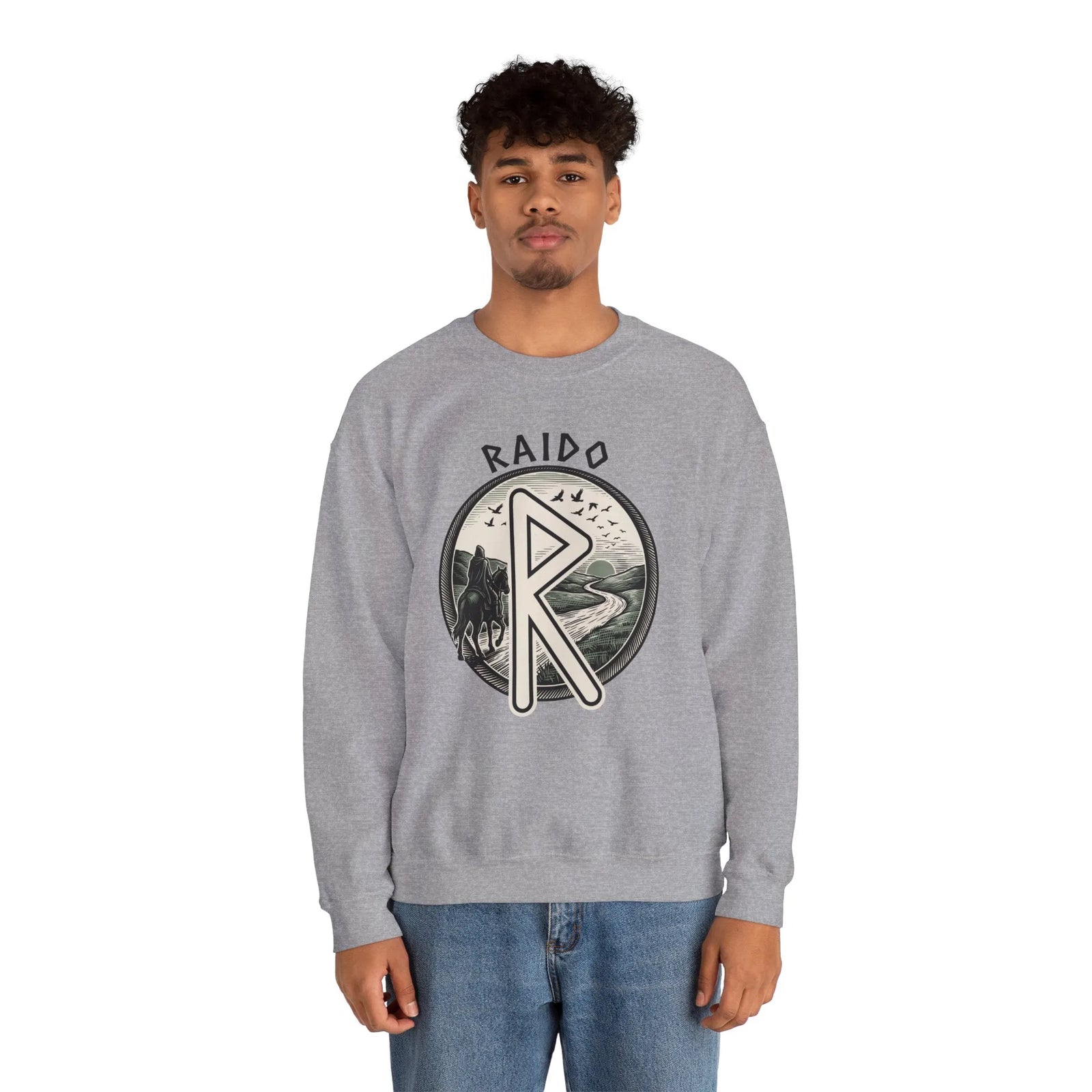 Raido Rune Journey Sweatshirt - Heavy Blend Classic Fit Crewneck - Unisex White
