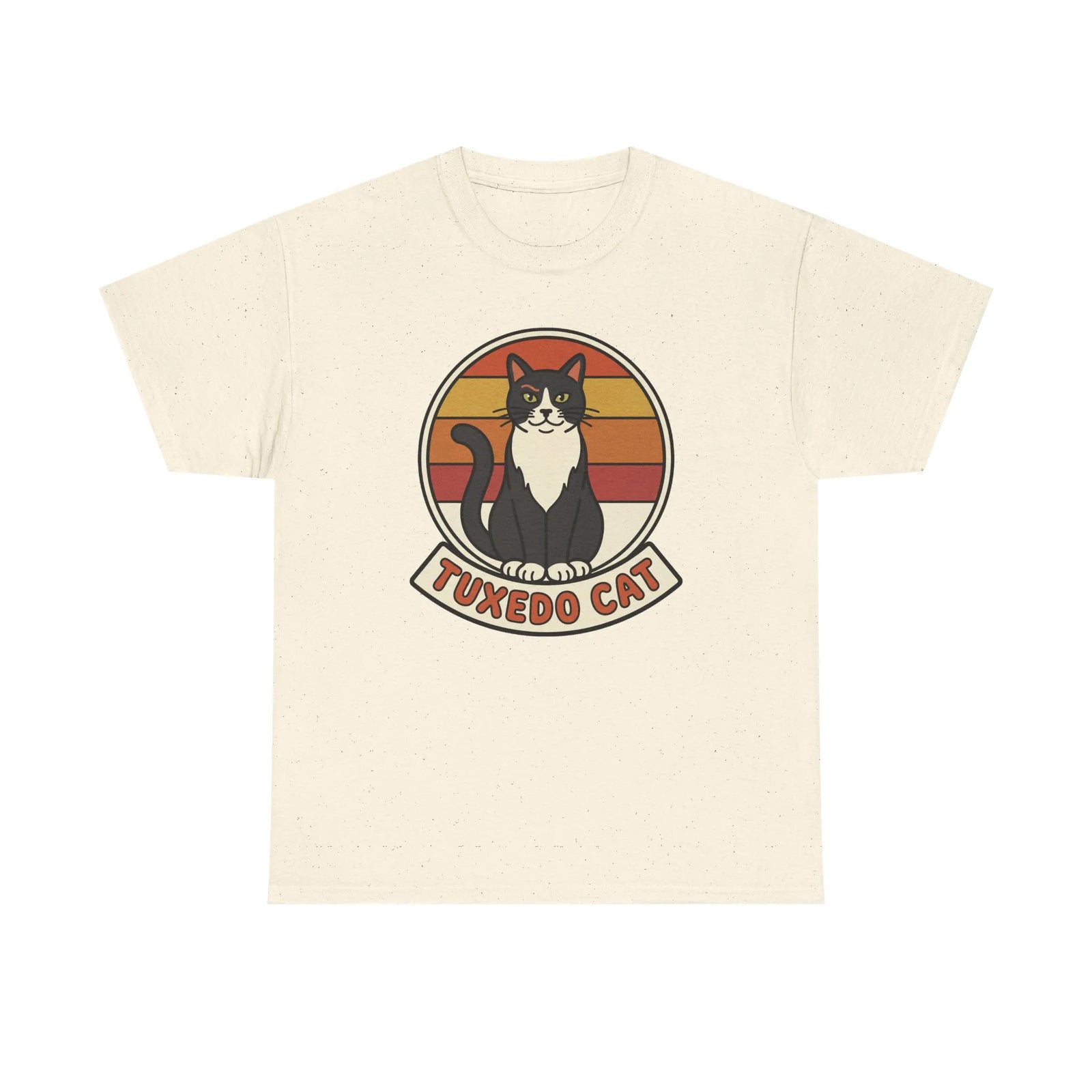 Tuxedo Cat Retro Sunset Graphic T-Shirt - Heavy Cotton Classic Fit Tee - Unisex White