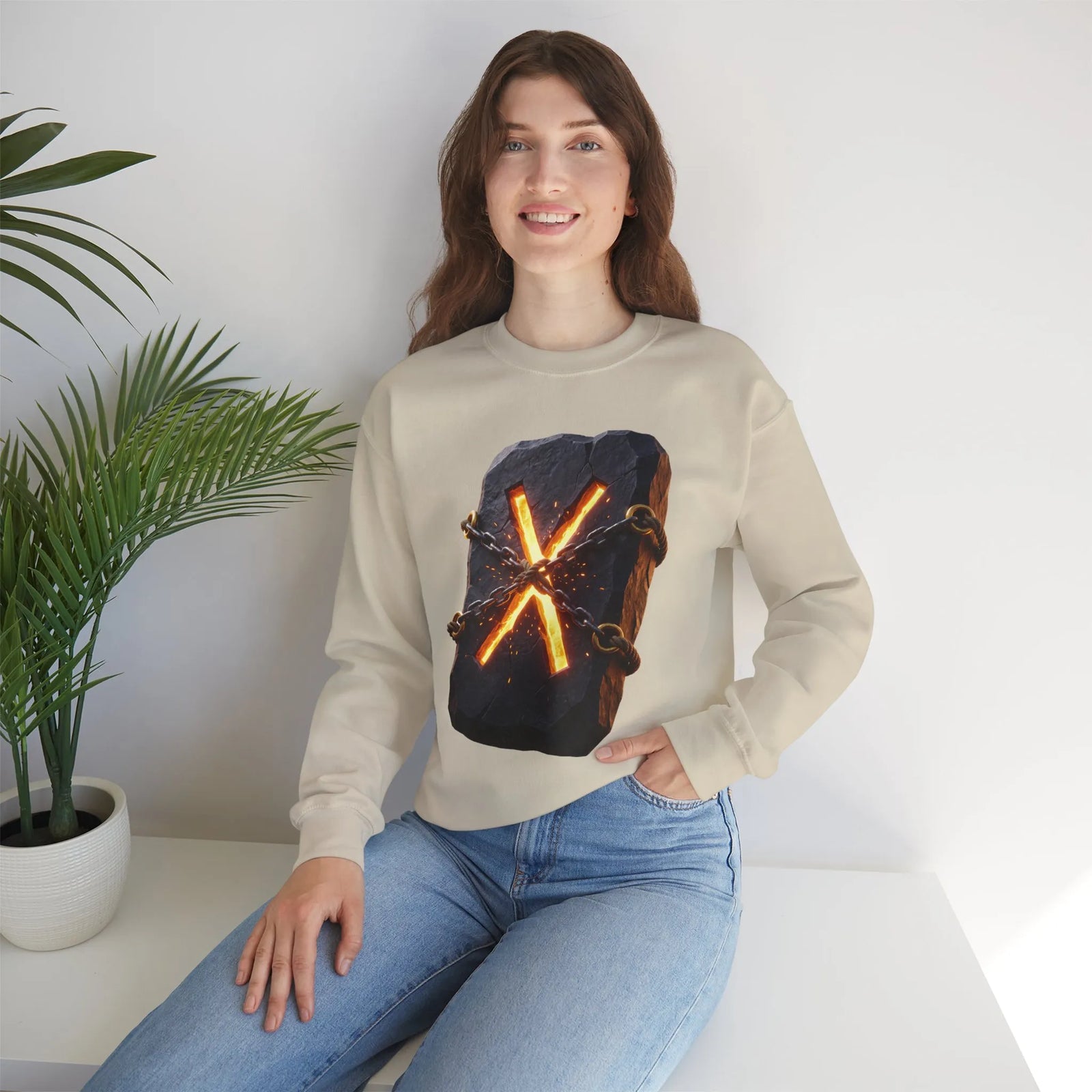 Gebo Rune Stone Graphic Sweatshirt - Medium Heavy Fleece Crewneck - Unisex White