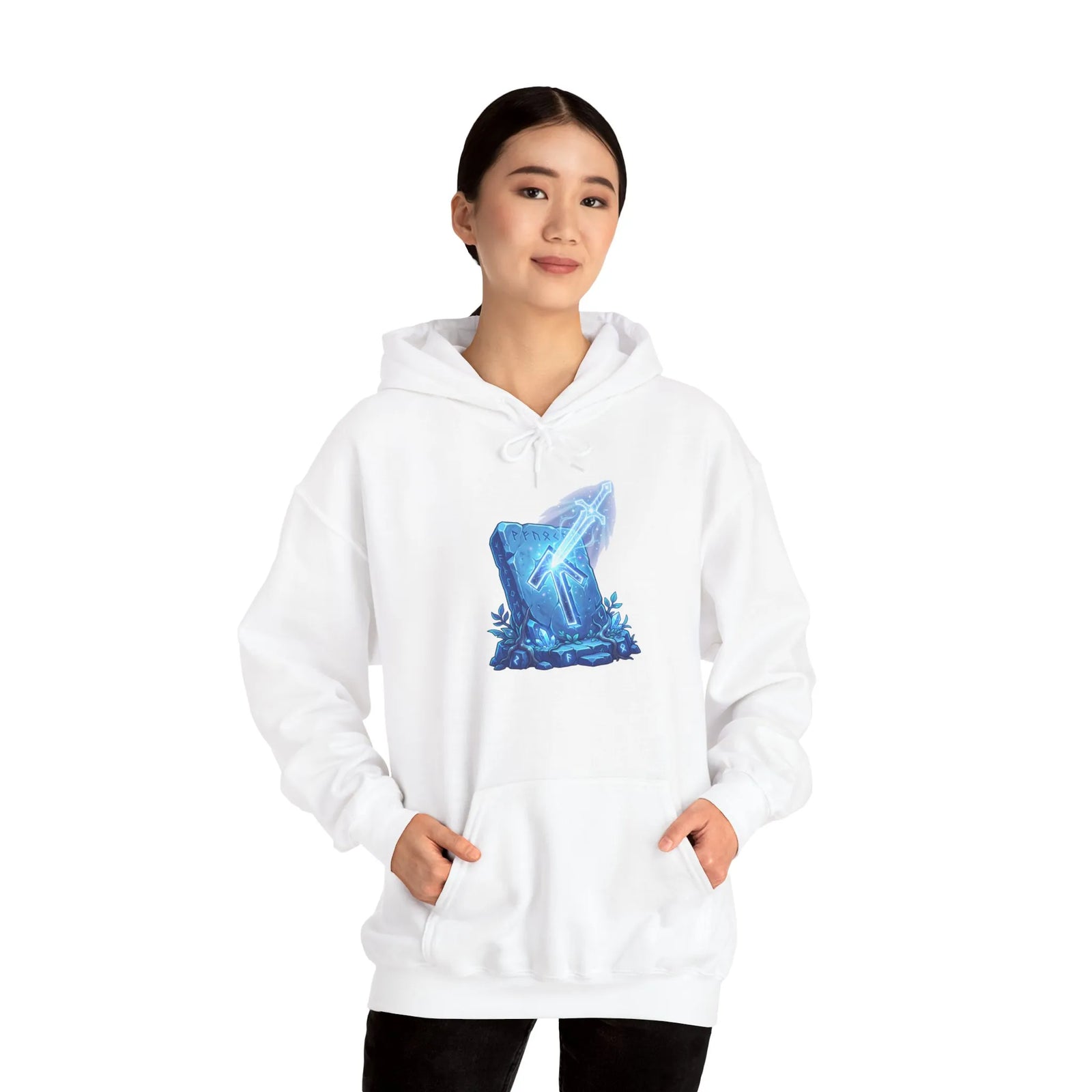 Tiwaz Tyr Sword Graphic Hoodie - Classic Fit Pouch Pocket Fleece - Unisex White