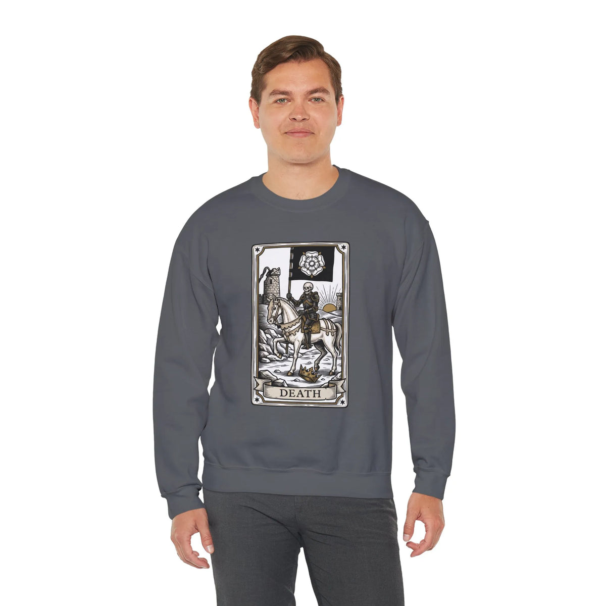 Tarot Death Card Graphic Sweatshirt - Heavy Blend Classic Fit Crewneck - Unisex White