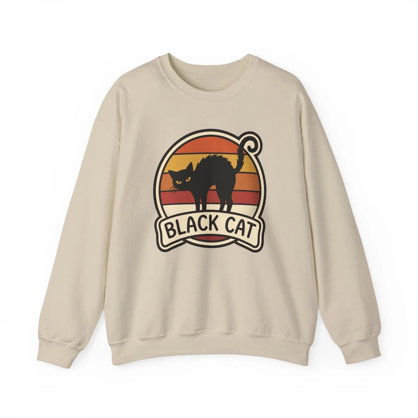 Black Cat Retro Sunset Sweatshirt - Heavy Blend Crewneck Fleece - Unisex White