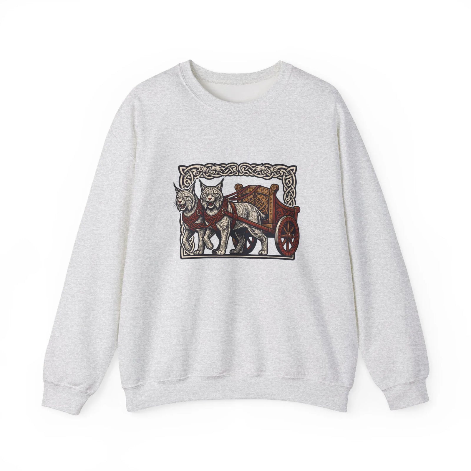 Freyja's Sacred Cats Norse Woodcut Sweatshirt - Heavy Blend Crewneck Fleece - Unisex White