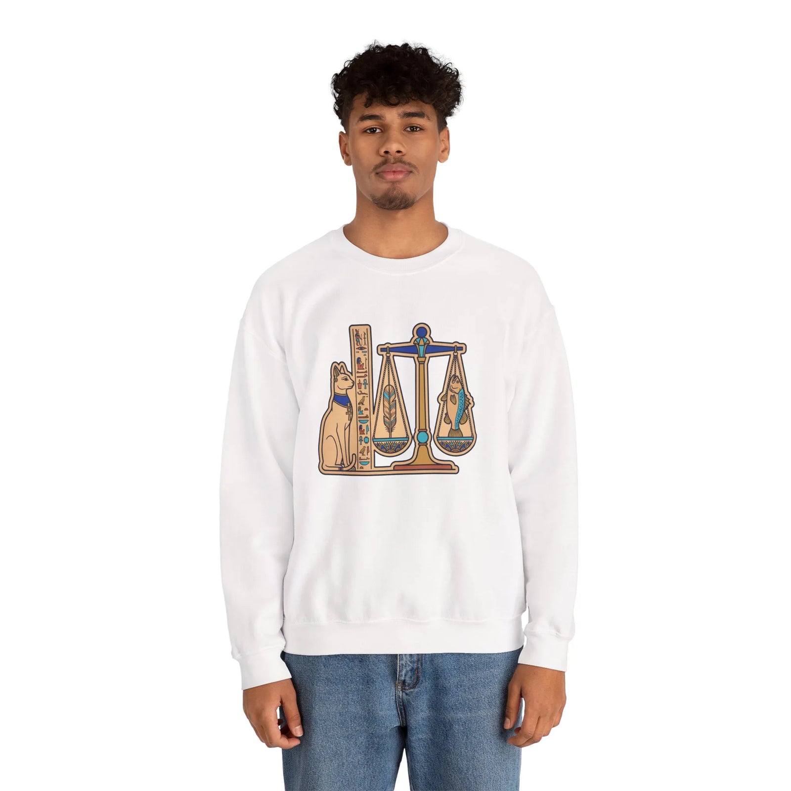 Egyptian Cat Scales Graphic Sweatshirt - Heavy Blend Fleece Crewneck - Unisex White