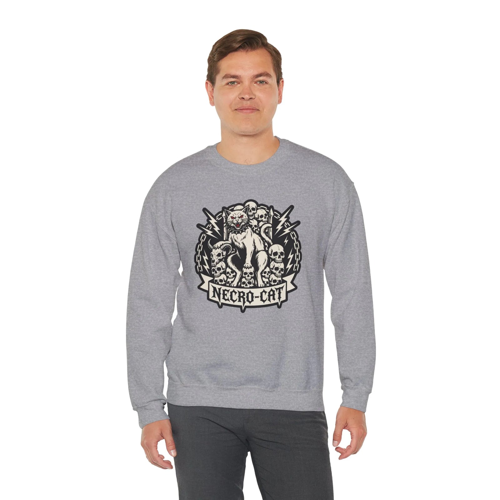 Skull Throne Heavy Metal Cats Sweatshirt - Heavy Blend Fleece Crewneck - Unisex White