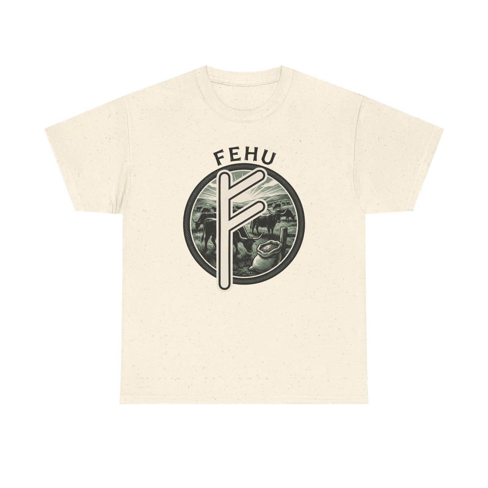 Fehu Rune Wealth Symbol T-Shirt - Heavy Cotton Classic Fit Tee - Unisex White