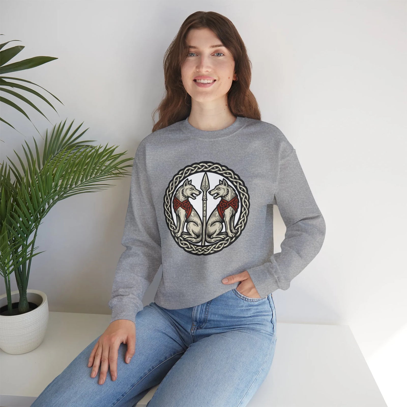 Odin's Wolves Geri & Freki Woodcut Sweatshirt - Heavy Blend Cotton Poly Crewneck - Unisex White