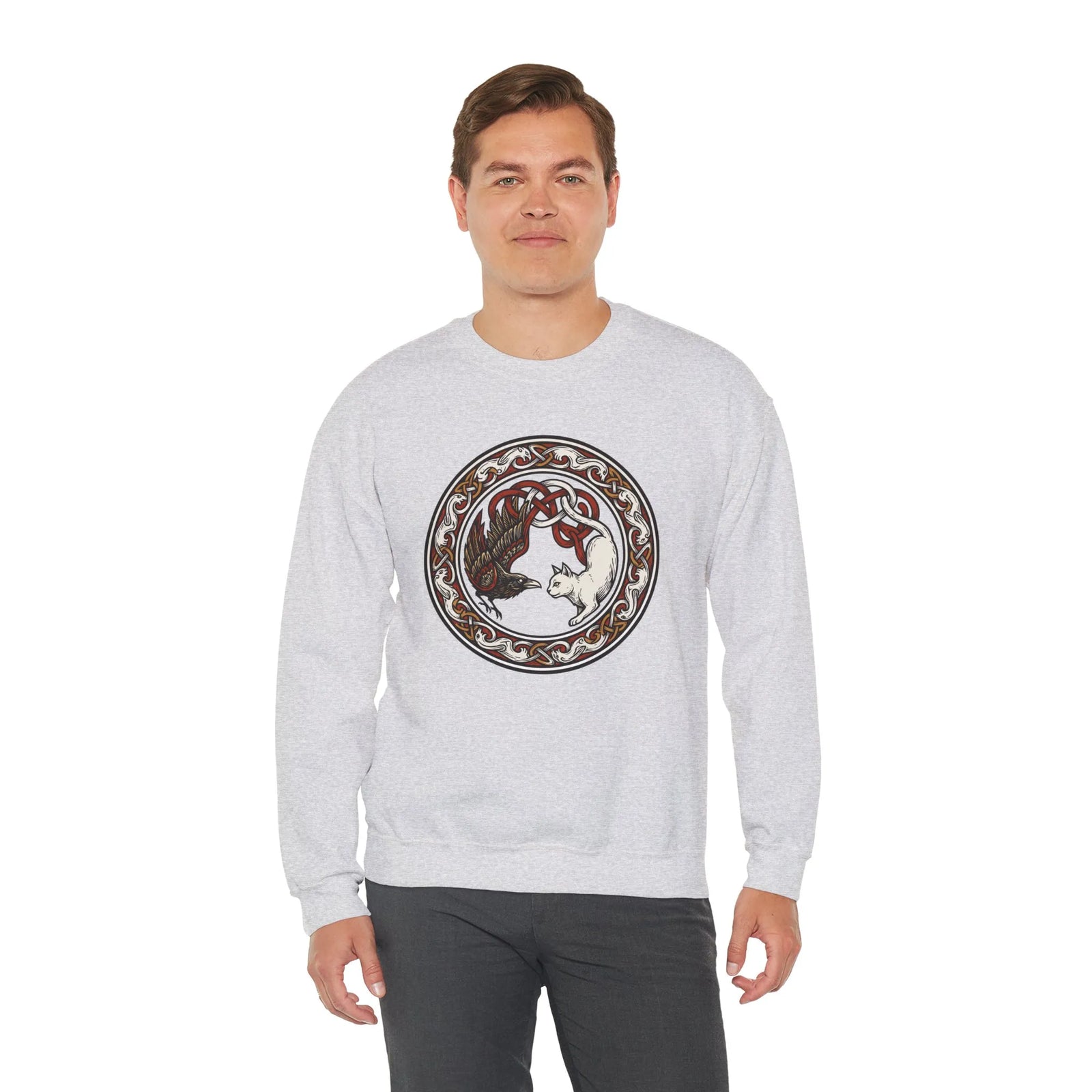 Norse Woodcut Cat & Raven Sweatshirt - Classic Fit Heavy Blend Crewneck - Unisex White