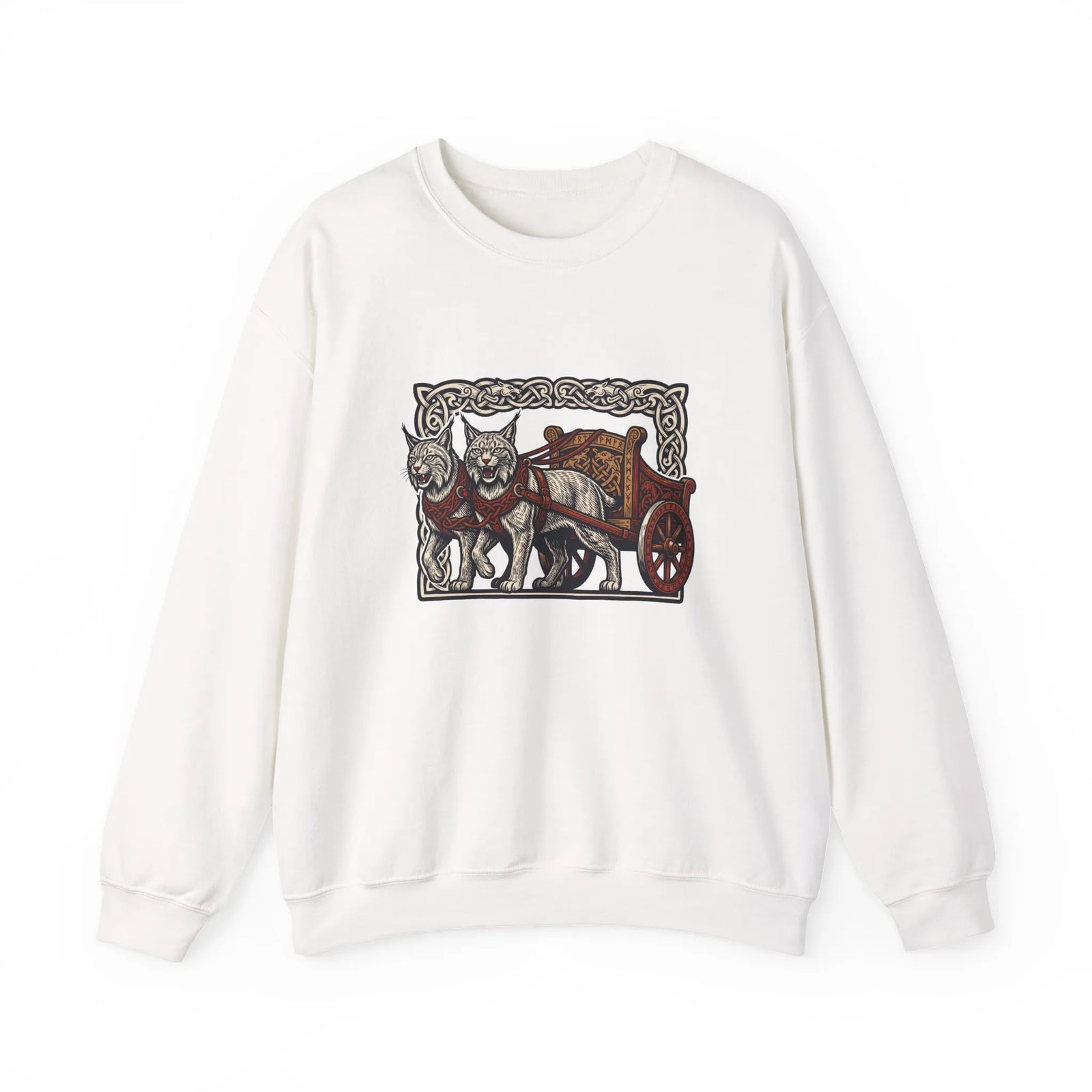 Freyja's Sacred Cats Norse Woodcut Sweatshirt - Heavy Blend Crewneck Fleece - Unisex White