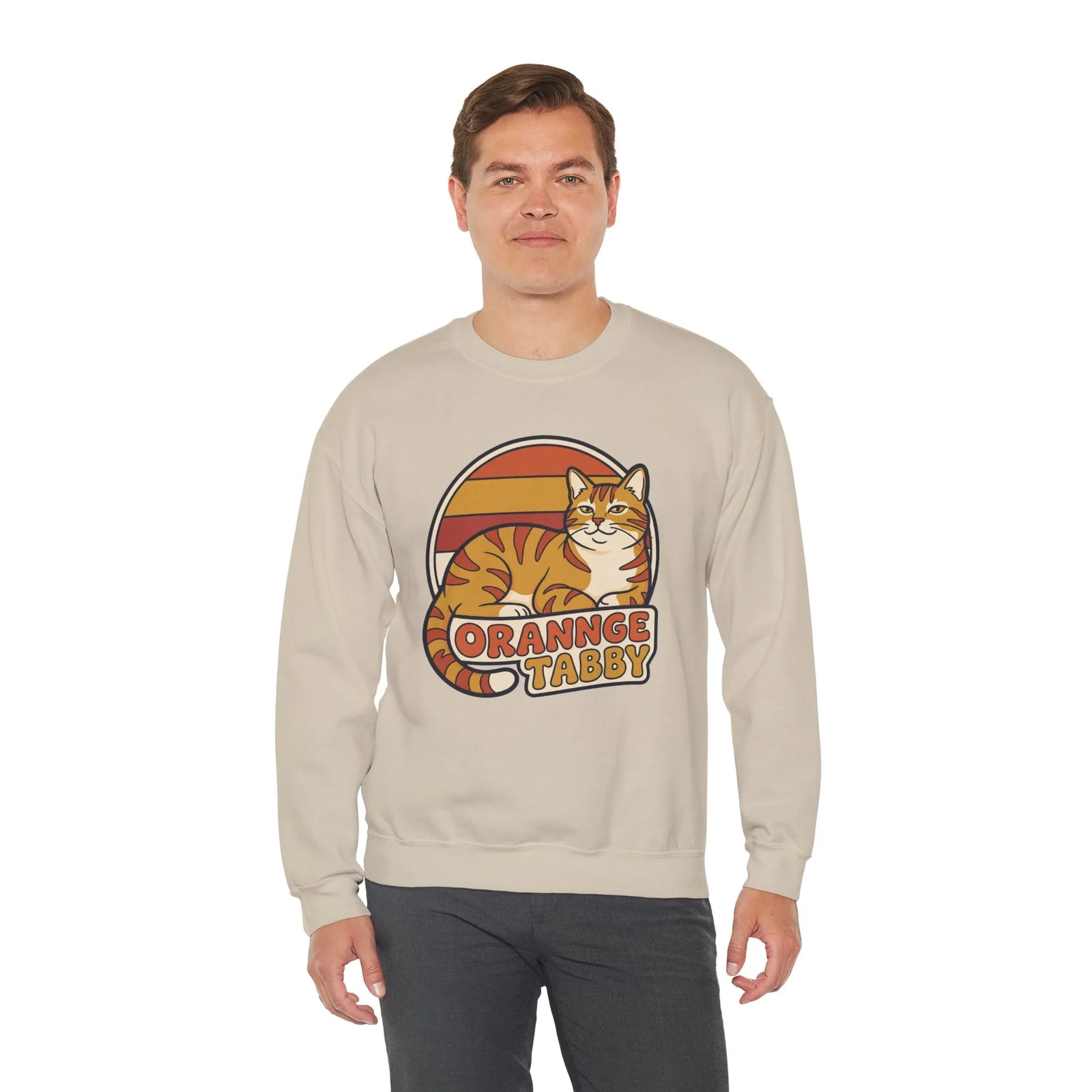 Orange Tabby Retro Sunset Graphic Sweatshirt - Heavy Blend Crewneck Fleece - Unisex White