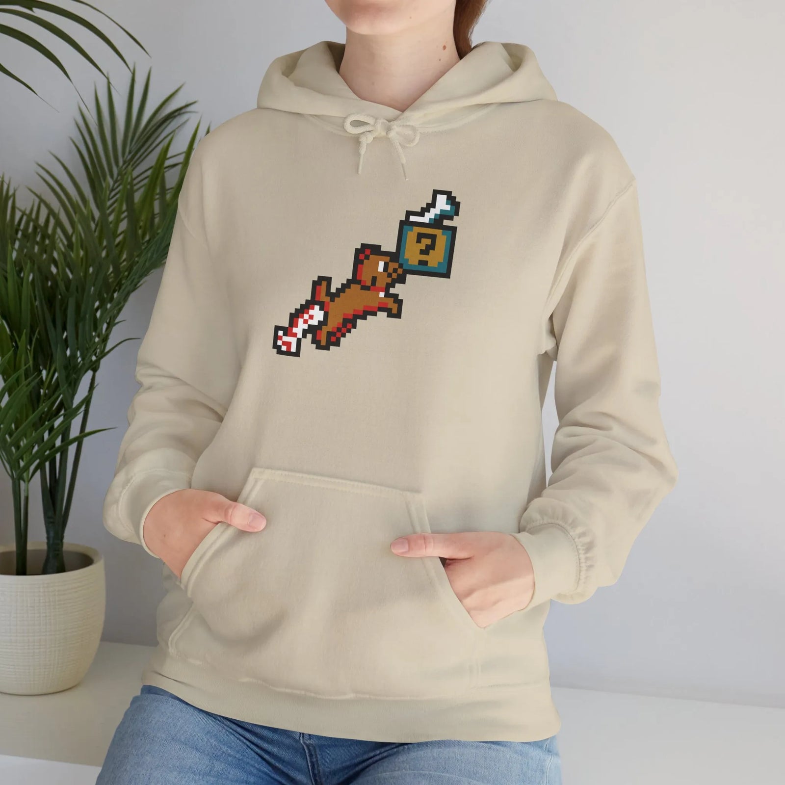 8-Bit Pixel Gaming Dog Fetch Quest Hoodie - Medium Heavy Blend Fleece Pullover - Unisex Off White
