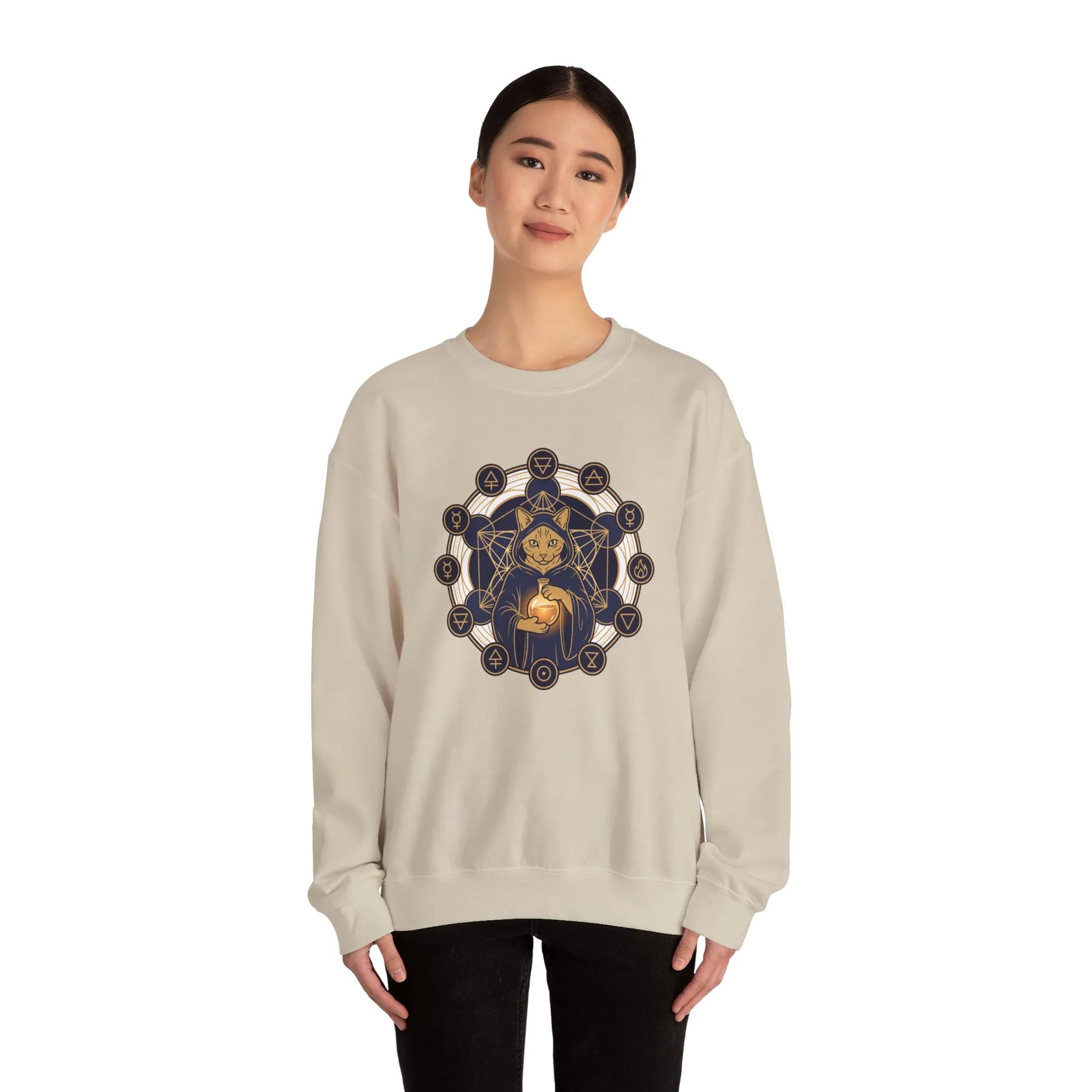 Sacred Geometry Alchemist Cat Sweatshirt - Heavy Blend Fleece Crewneck - Unisex White