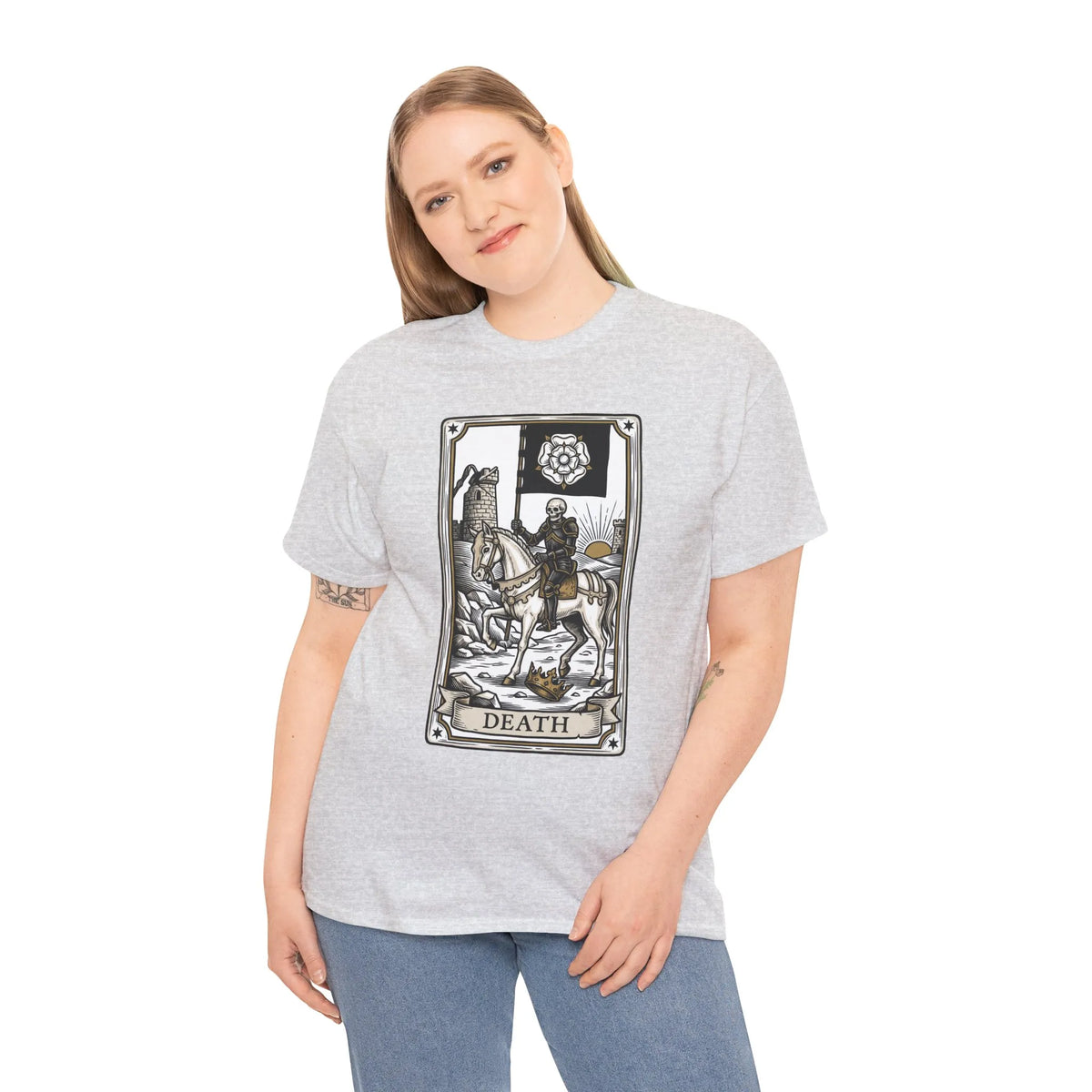Death Tarot Card Knight Graphic T-Shirt - Heavyweight 100% Cotton Classic Fit Tee - Unisex White