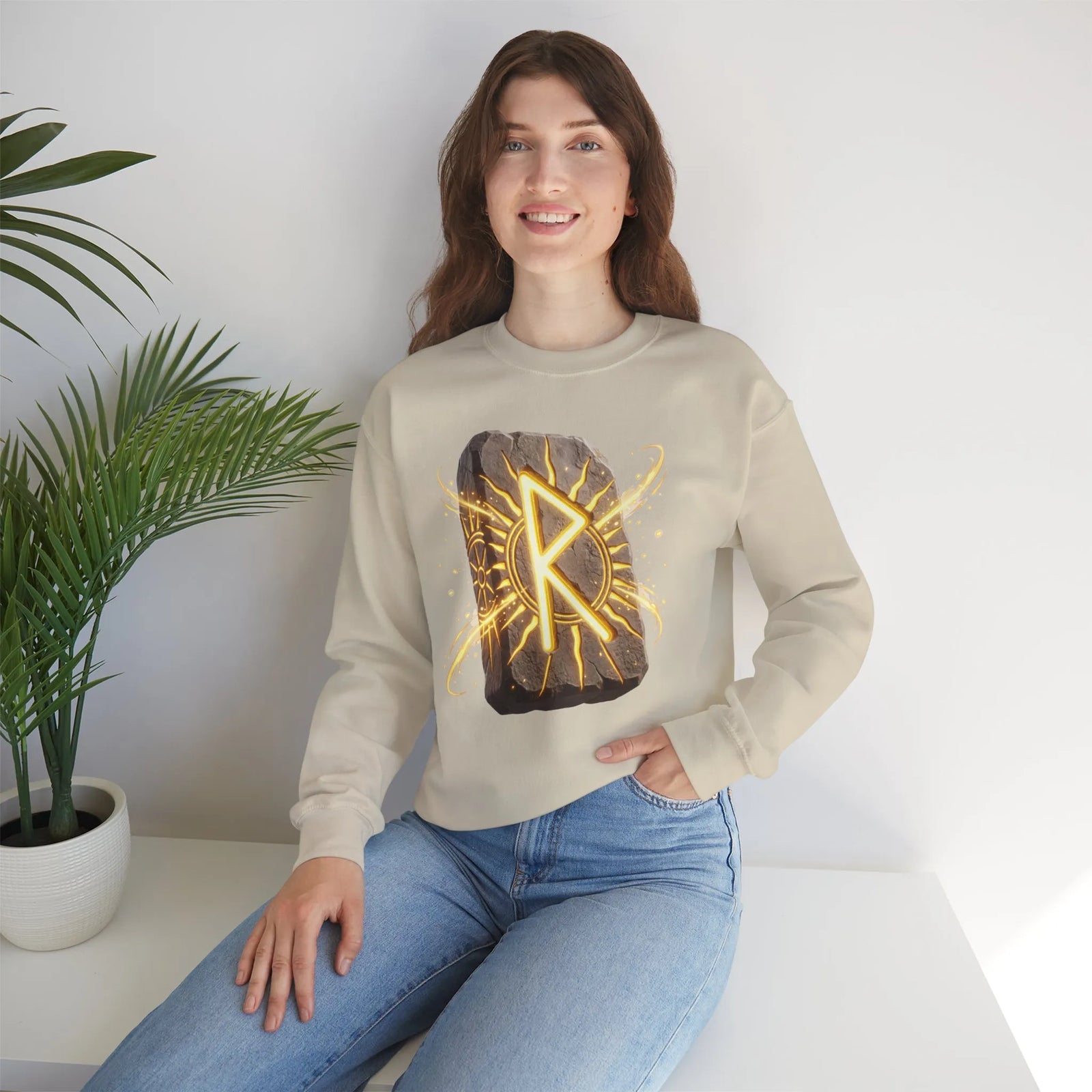 Raido Rune Journey Wheel Sweatshirt - Heavy Blend Classic Crewneck - Unisex White