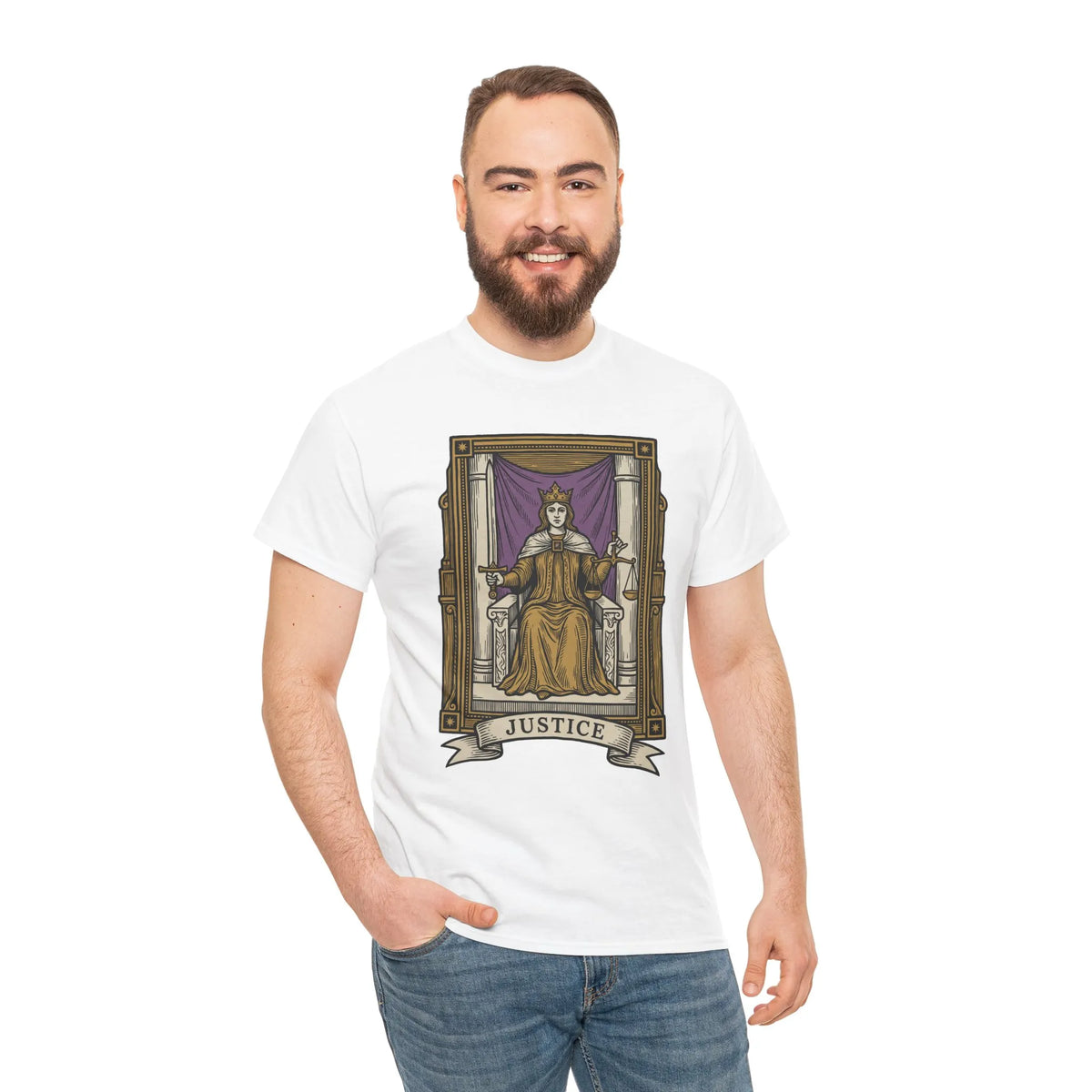 Justice Tarot Card Graphic T-Shirt - Heavy Cotton Classic Fit Tee - Unisex White