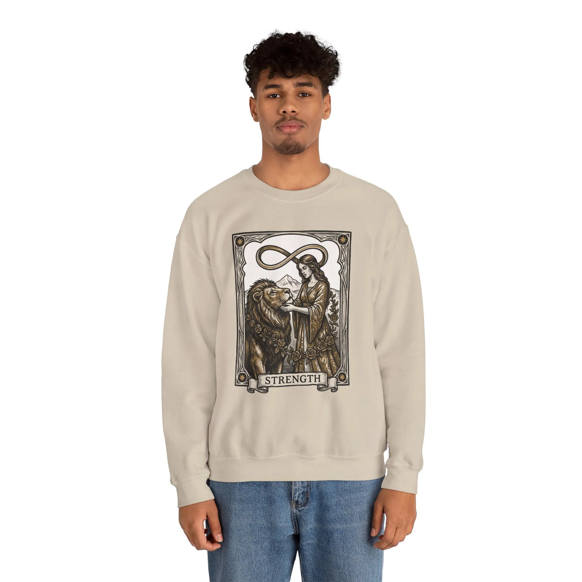Strength Tarot Card Sweatshirt - Heavy Blend Crewneck Fleece - Unisex White