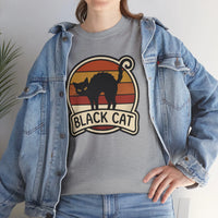 Black Cat Retro Sunset T-Shirt - Heavyweight 100% Cotton Classic Tee - Unisex White