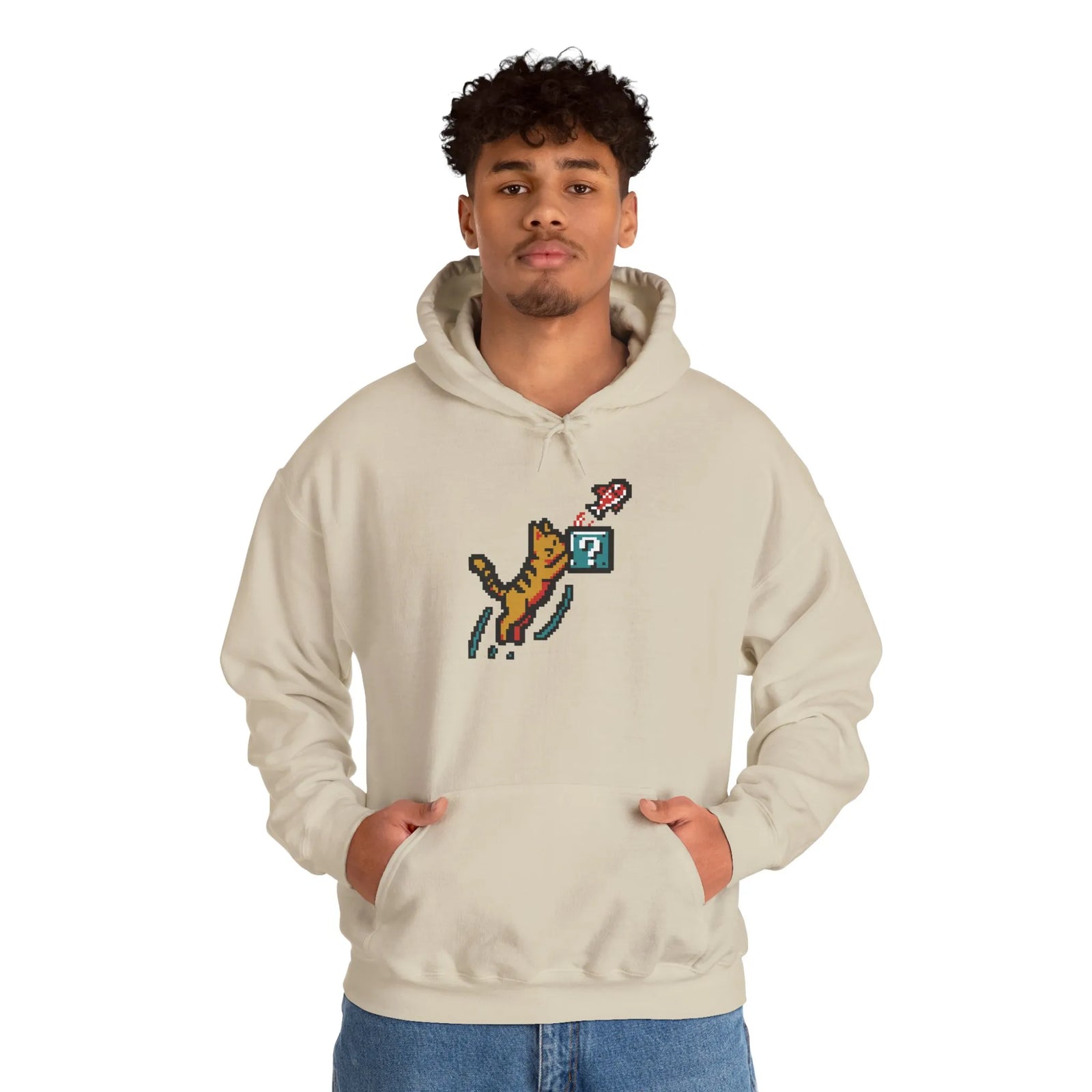 Power Up 8-Bit Pixel Gaming Cats Hoodie - Heavy Blend Fleece Pullover - Unisex White