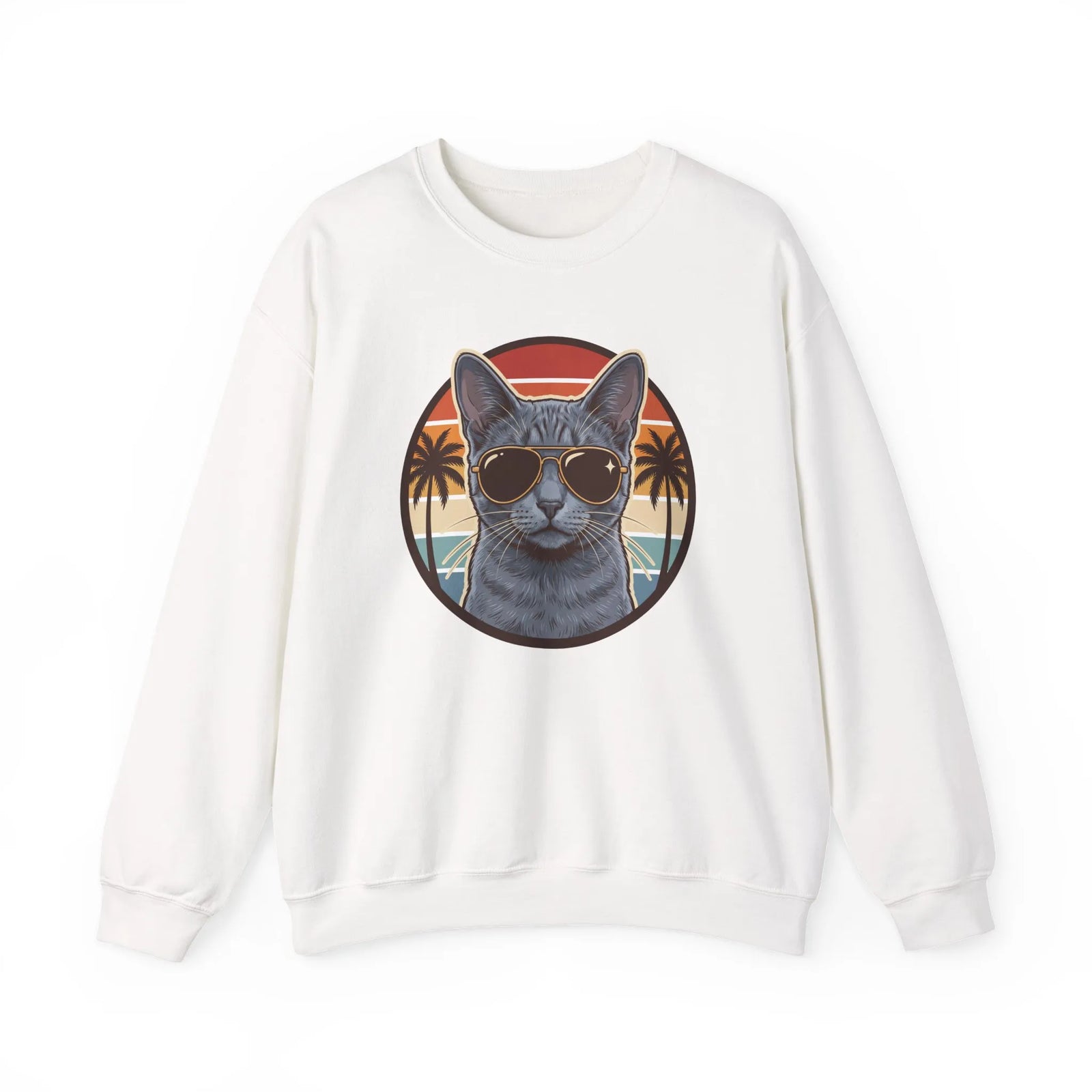 Russian Blue Cat Aviator Sunglasses Sweatshirt - Heavy Blend Fleece Crewneck - Unisex White