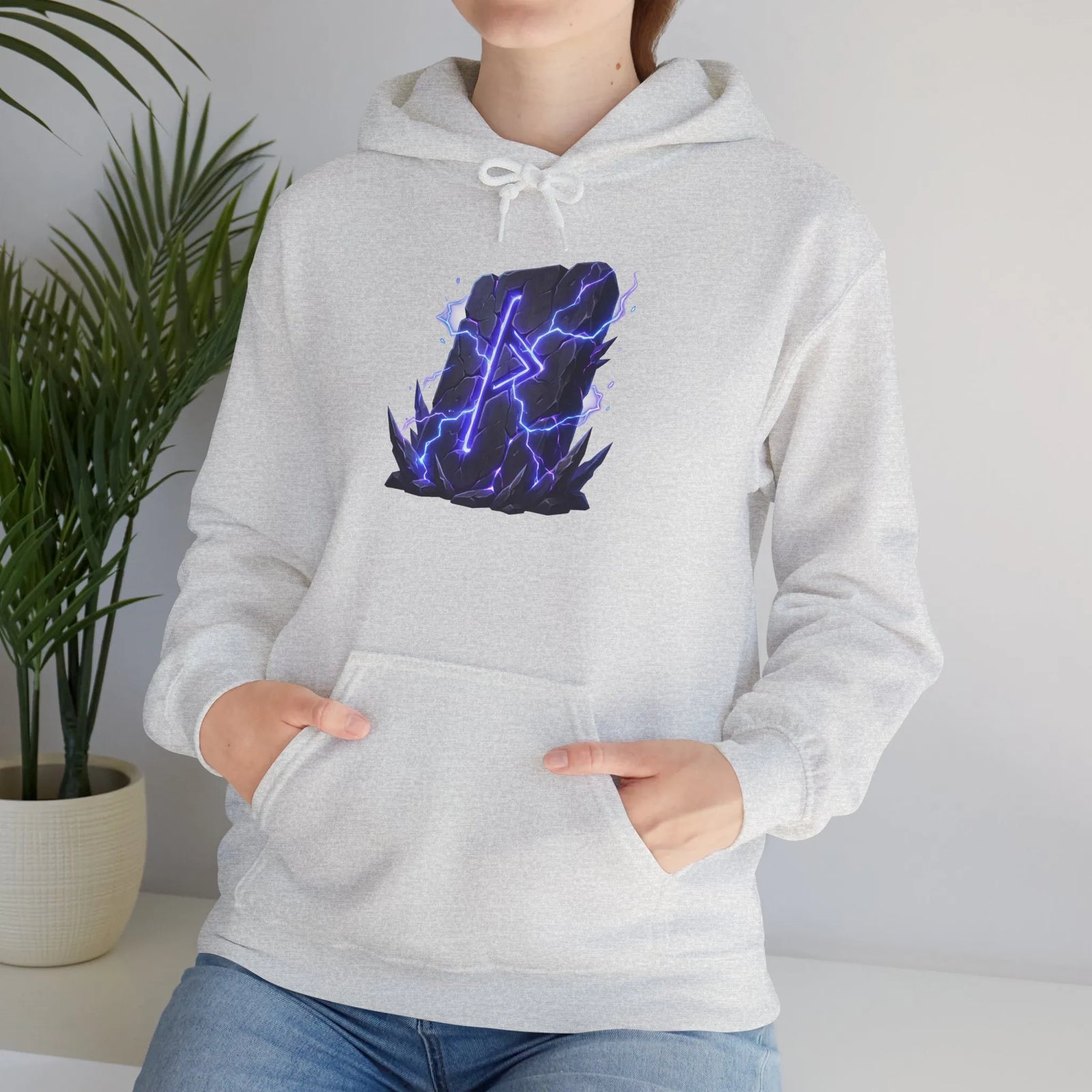 Thurisaz Rune Lightning Graphic Hoodie - Heavy Blend Fleece Pullover - Unisex White